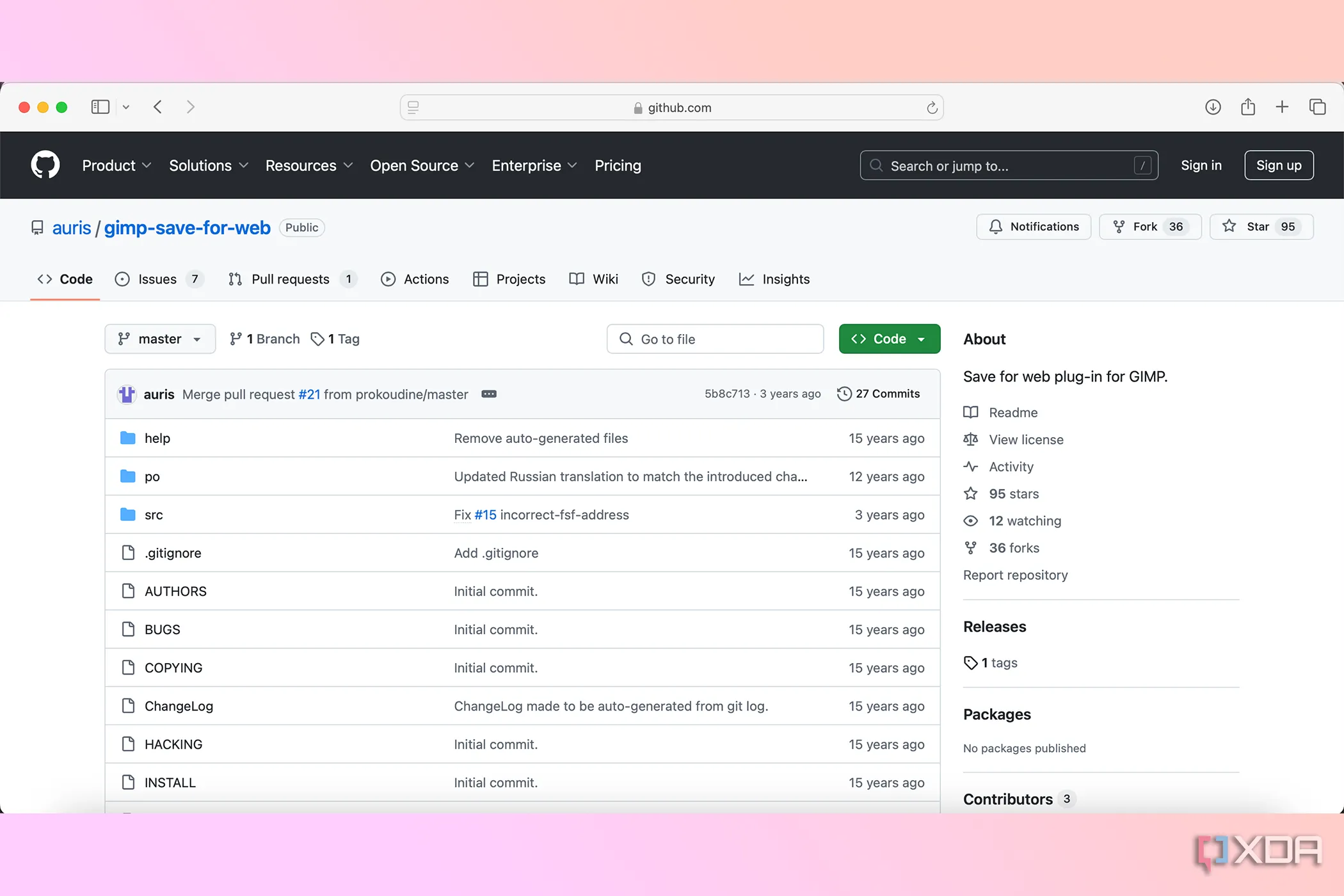 Giao diện kho lưu trữ GitHub cho công cụ Save For Web, một plugin GIMP giúp tối ưu hóa hình ảnh cho web