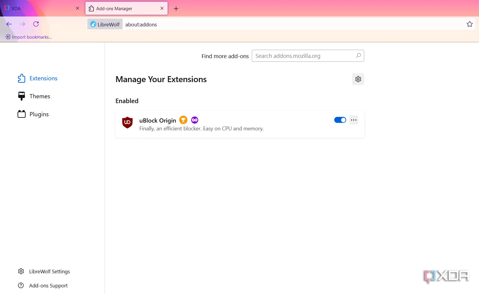 Giao diện LibreWolf hiển thị các tiện ích mở rộng