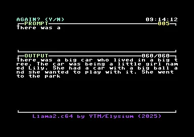 Giao diện Llama2.c64 hiển thị quá trình tạo văn bản trên Commodore 64