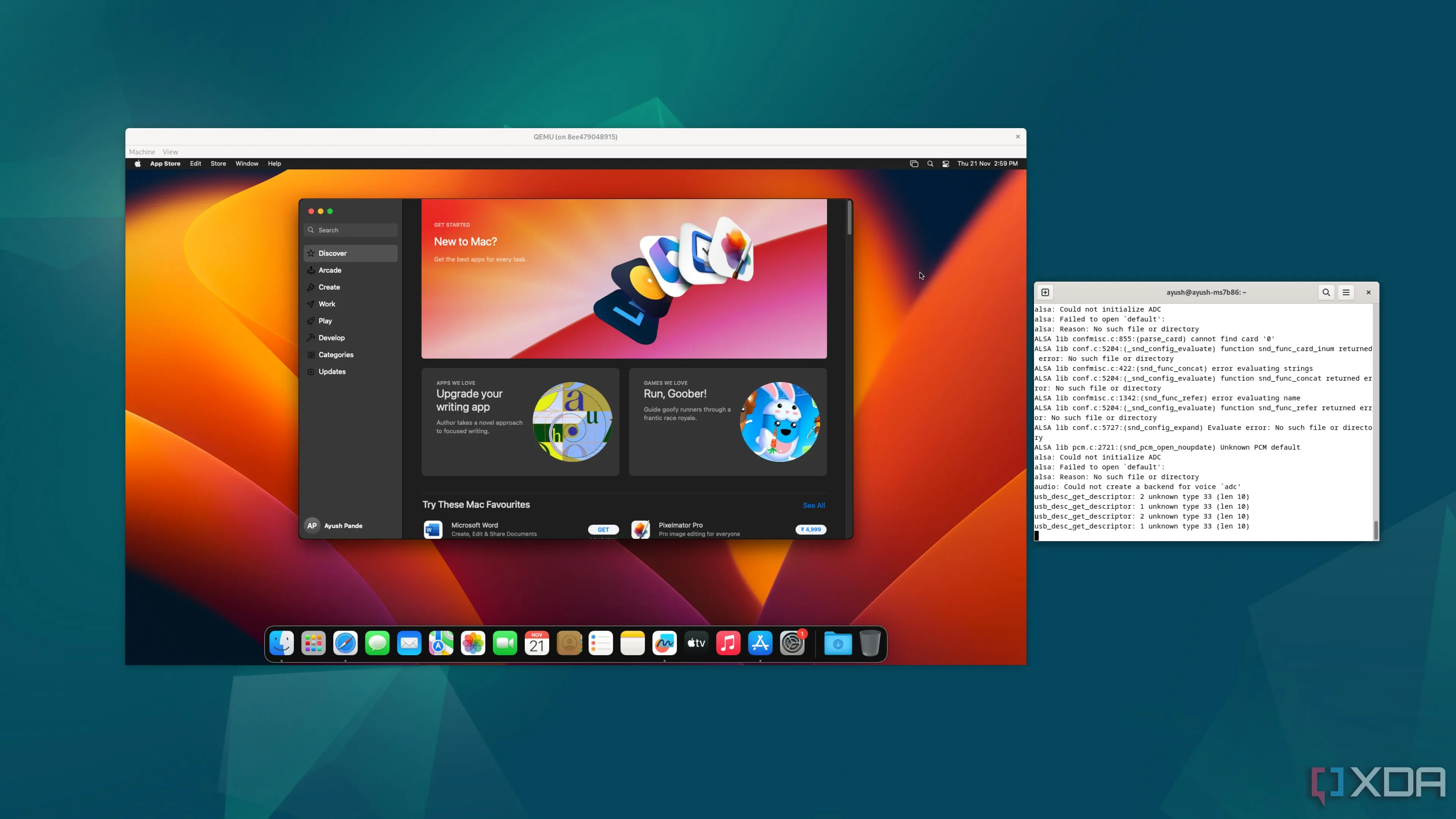 Giao diện macOS được chạy bên trong một container Docker, thể hiện khả năng cô lập mạnh mẽ của Docker, cho phép thử nghiệm phần mềm an toàn.
