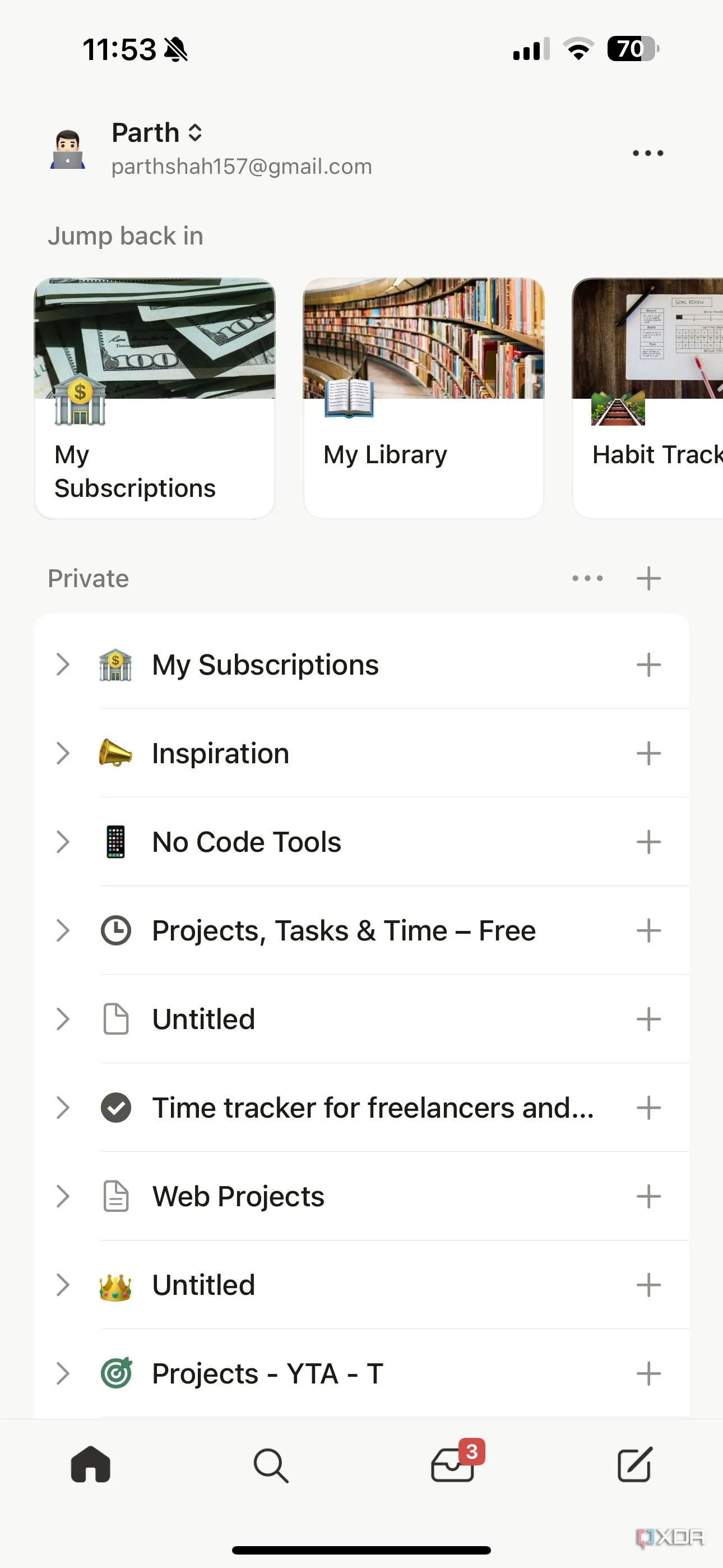 Giao diện màn hình chính ứng dụng Notion trên iOS