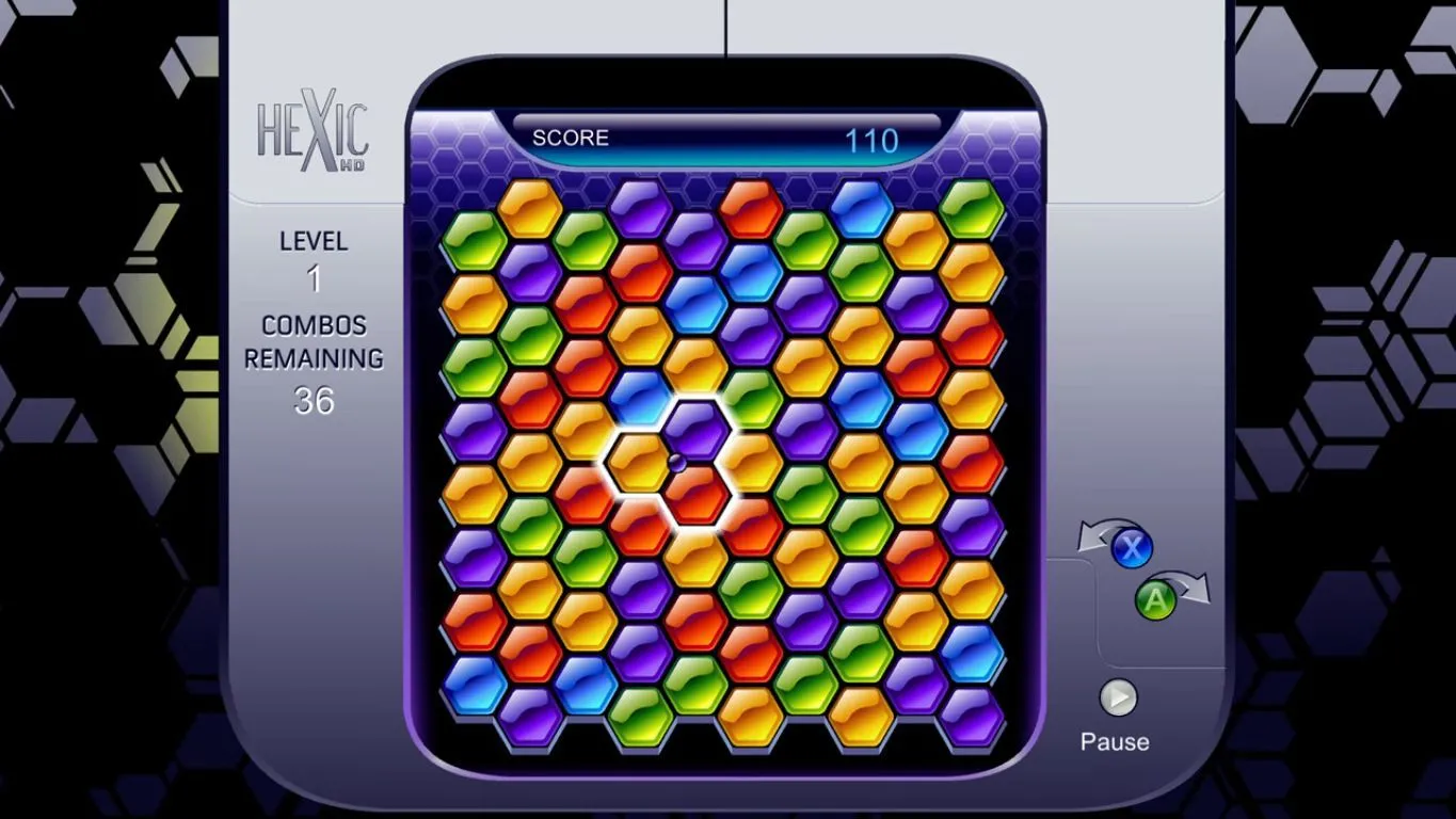 Giao diện màn hình Hexic HD, game giải đố quen thuộc trên Xbox 360, hiển thị cấp độ 1 với các khối lục giác đầy màu sắc