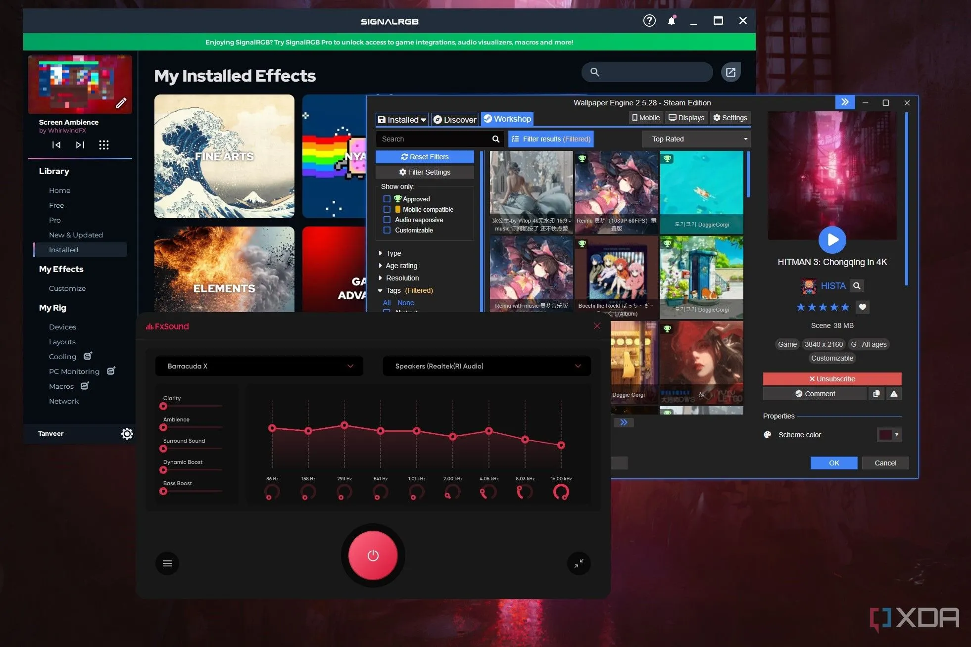Giao diện màn hình Windows với các cửa sổ ứng dụng hiện đại như SignalRGB, Wallpaper Engine và FxSound, đối lập với thói quen của người dùng &quot;PC Luddite&quot;