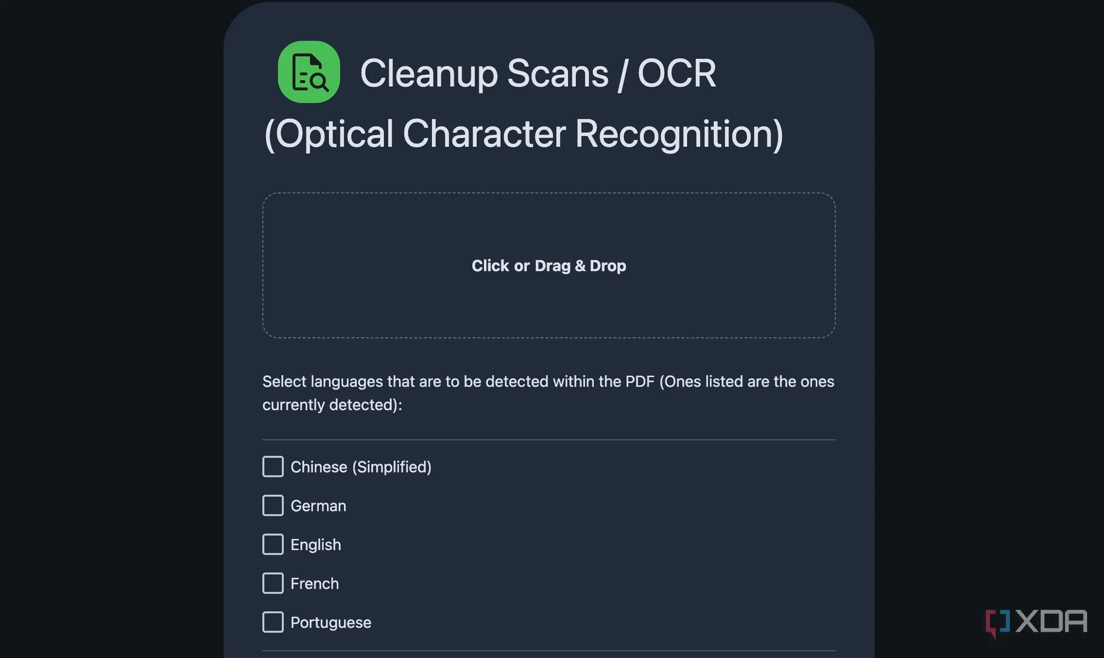 Giao diện menu chức năng OCR của Stirling PDF, cho phép nhận diện văn bản từ tài liệu