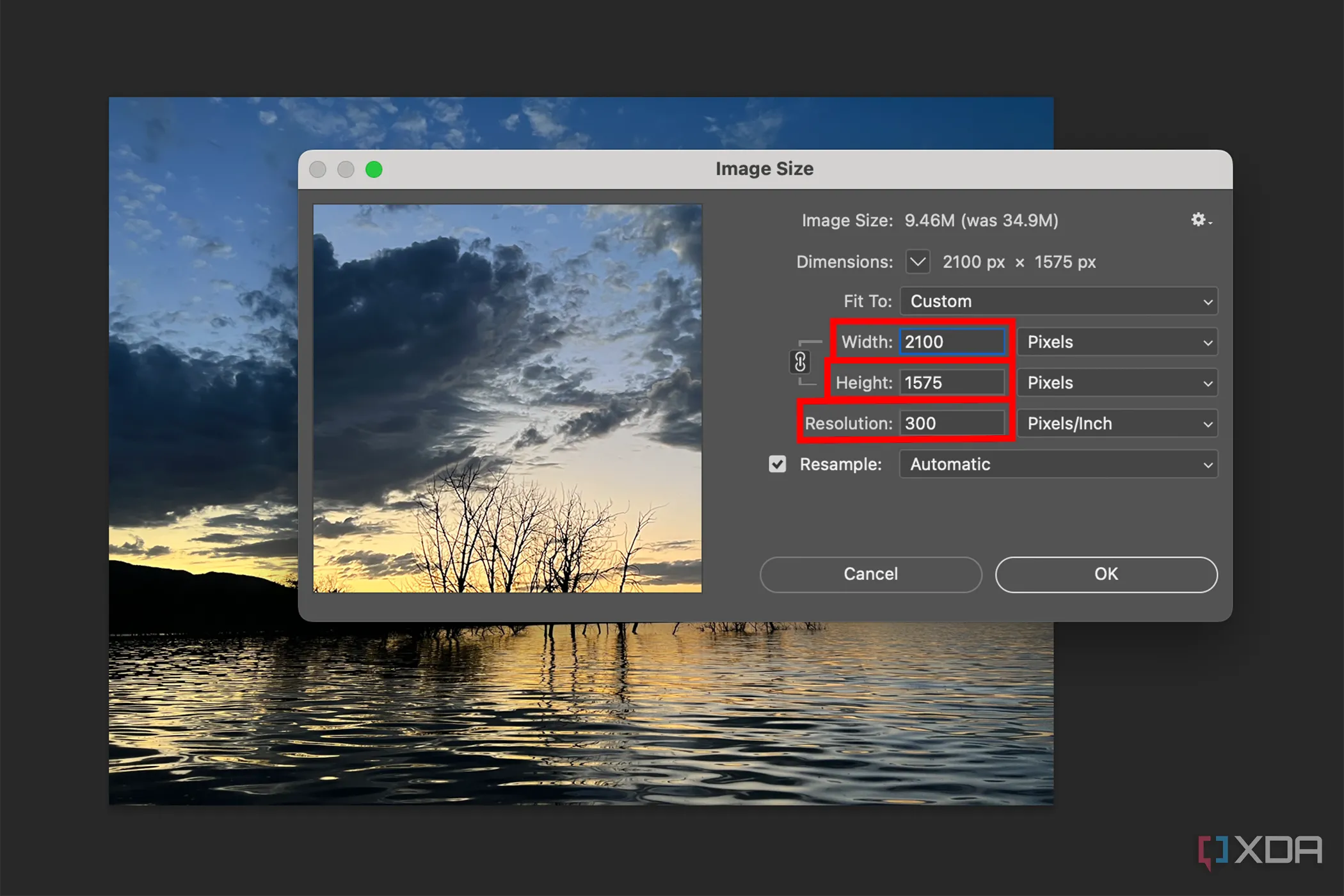 Giao diện menu Image Size của phần mềm Photoshop, hiển thị các tùy chọn điều chỉnh chiều cao, chiều rộng và độ phân giải hình ảnh.