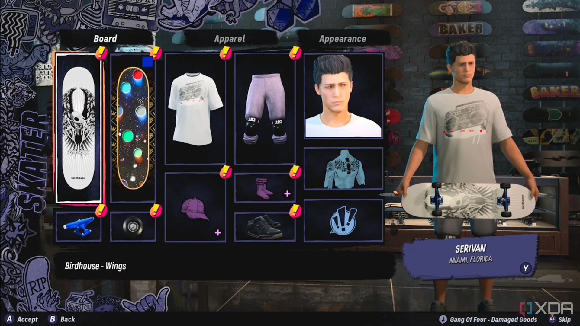 Giao diện menu Tạo Skater tùy chỉnh trong Tony Hawk's Pro Skater 3+4, hiển thị các tùy chọn quần áo và phụ kiện cho nhân vật