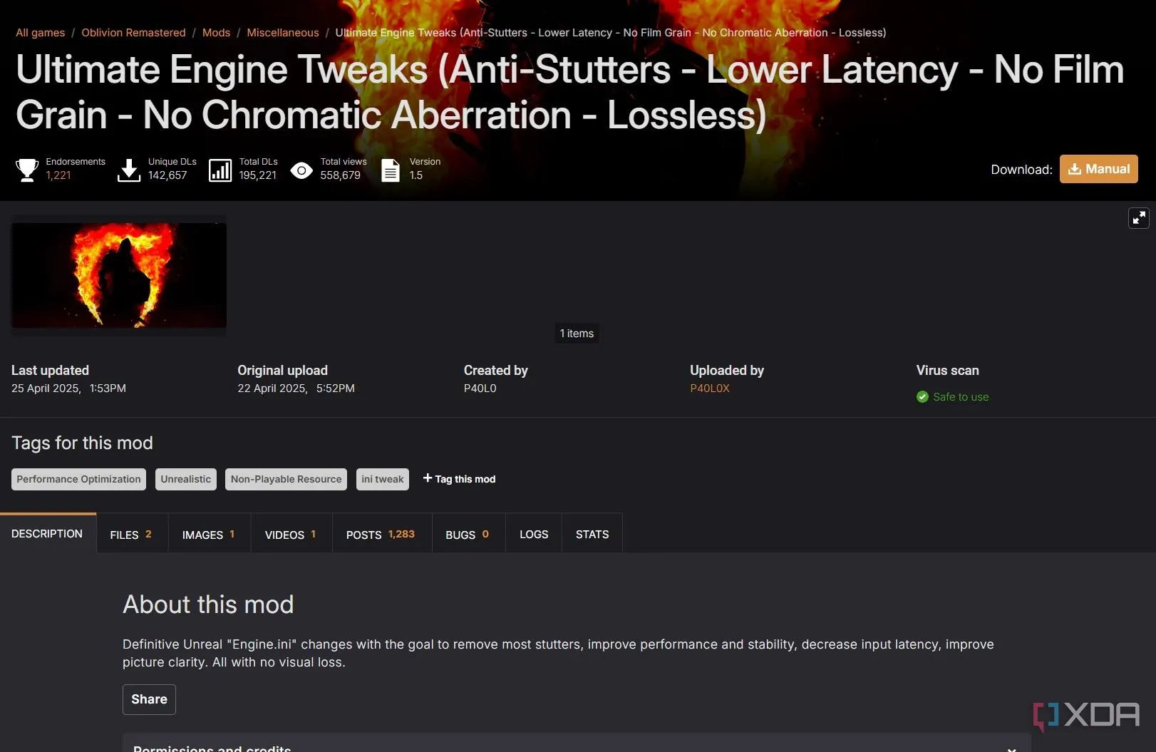 Giao diện mod Ultimate Engine Tweaks trên Nexus Mods, giúp tối ưu hóa tệp engine.ini cho Unreal Engine 5