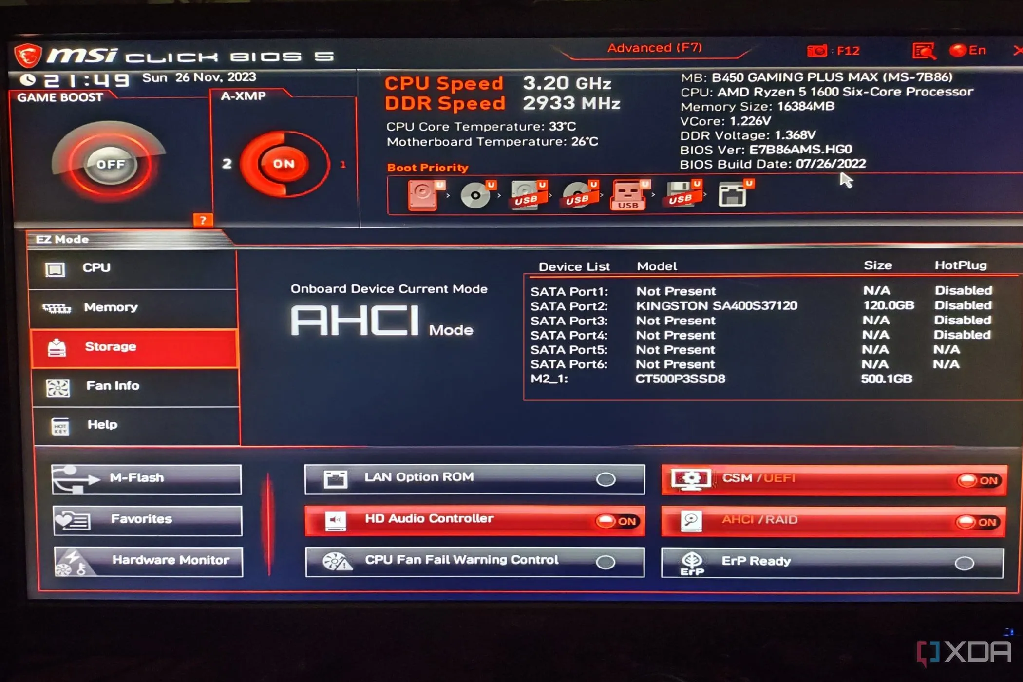 Giao diện MSI Click BIOS 5 với các ổ đĩa lưu trữ được làm nổi bật