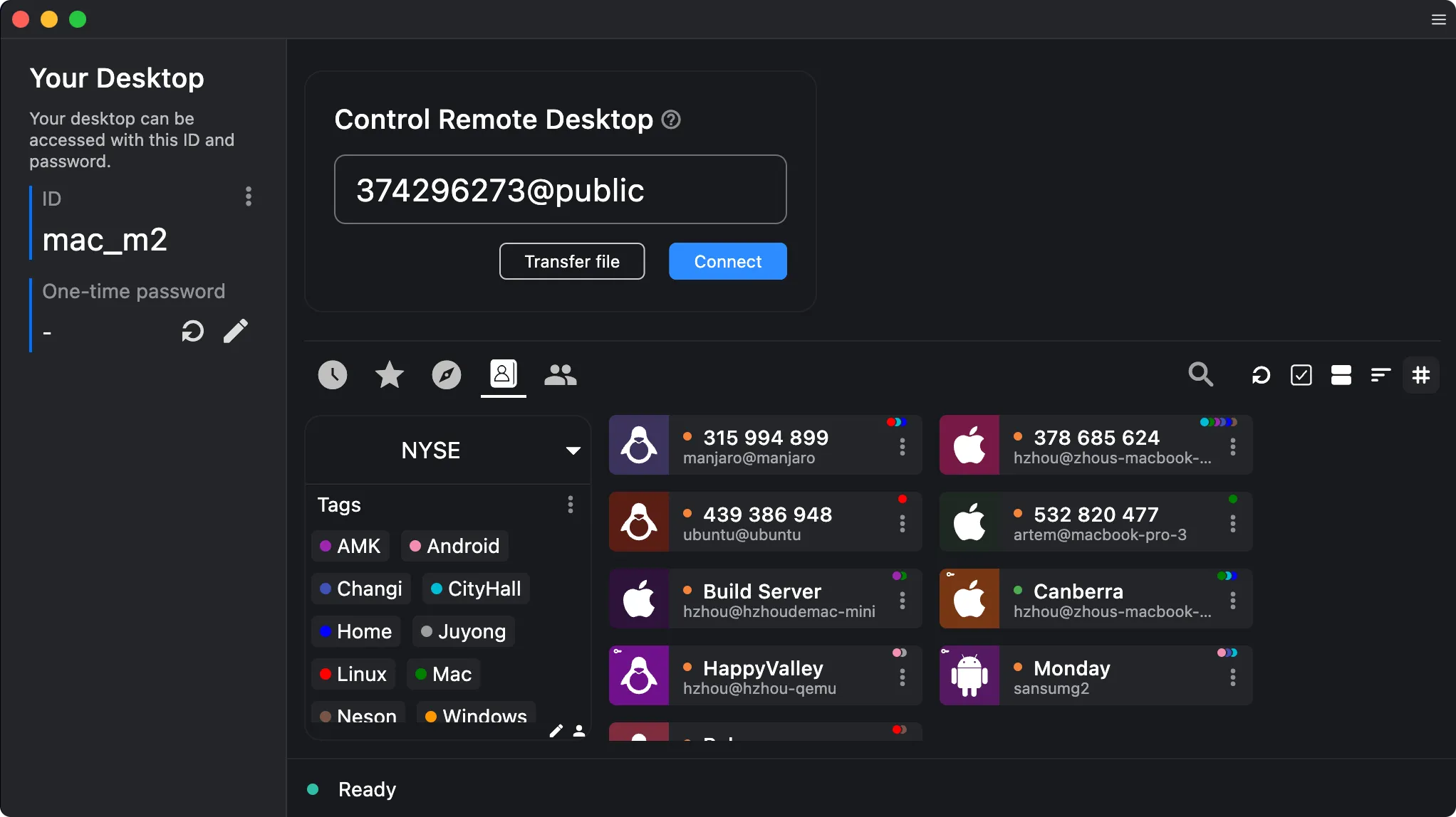 Giao diện người dùng chính của RustDesk với các tùy chọn điều khiển từ xa và truyền tệp.