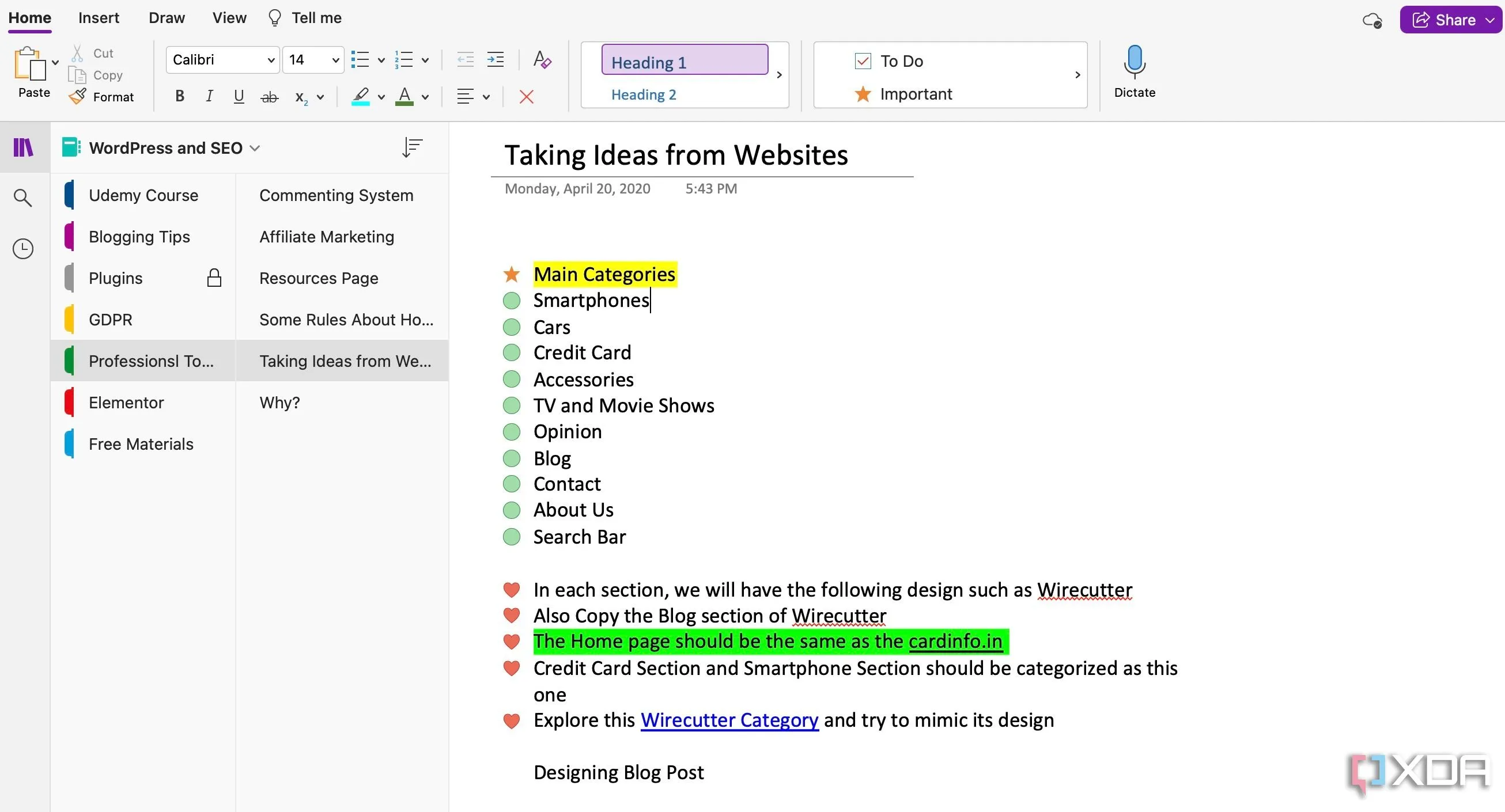 Giao diện người dùng của OneNote trên máy tính