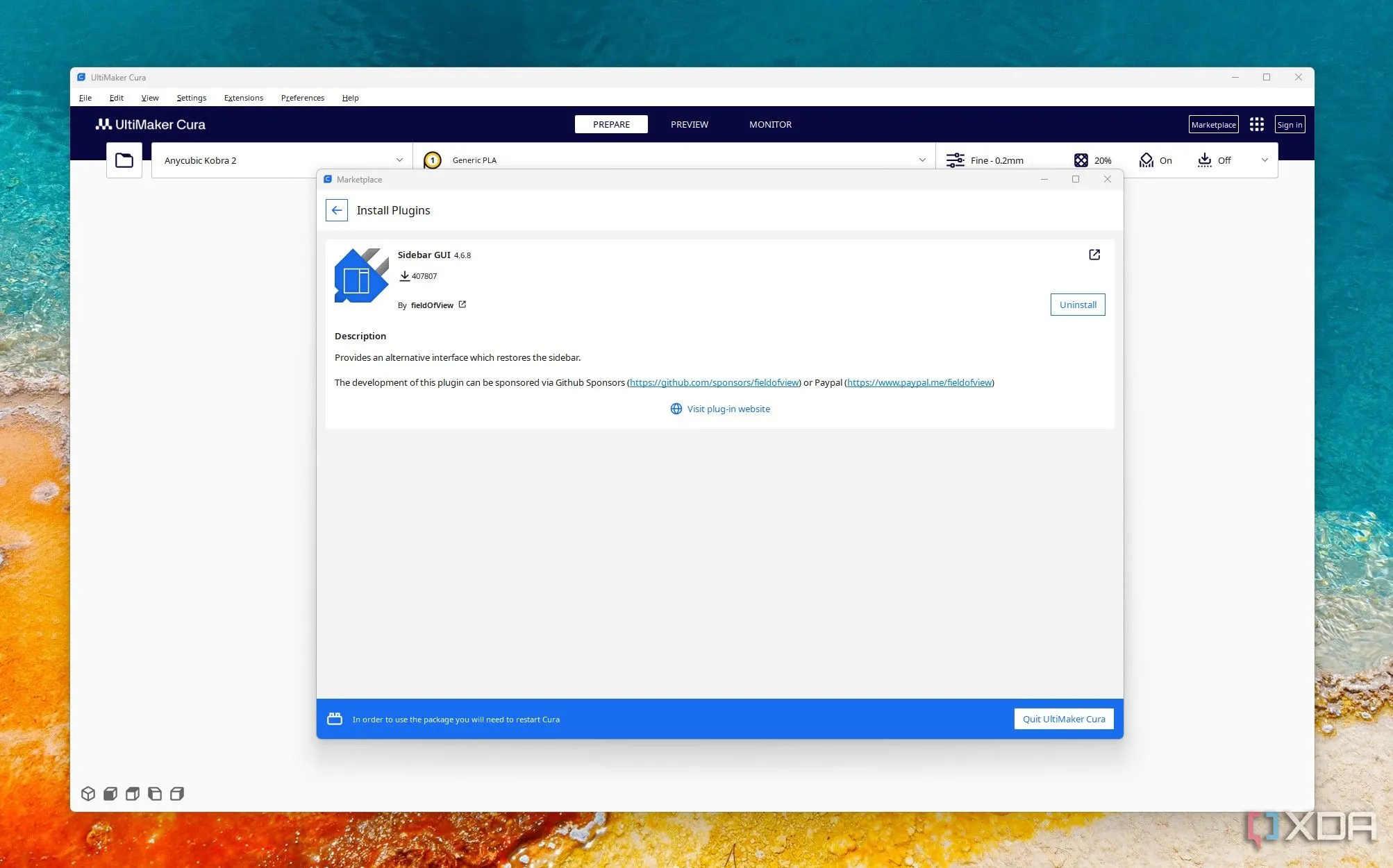 Giao diện người dùng Cura với plugin Sidebar GUI đã cài đặt, hiển thị các tùy chọn cài đặt in 3D được sắp xếp gọn gàng.