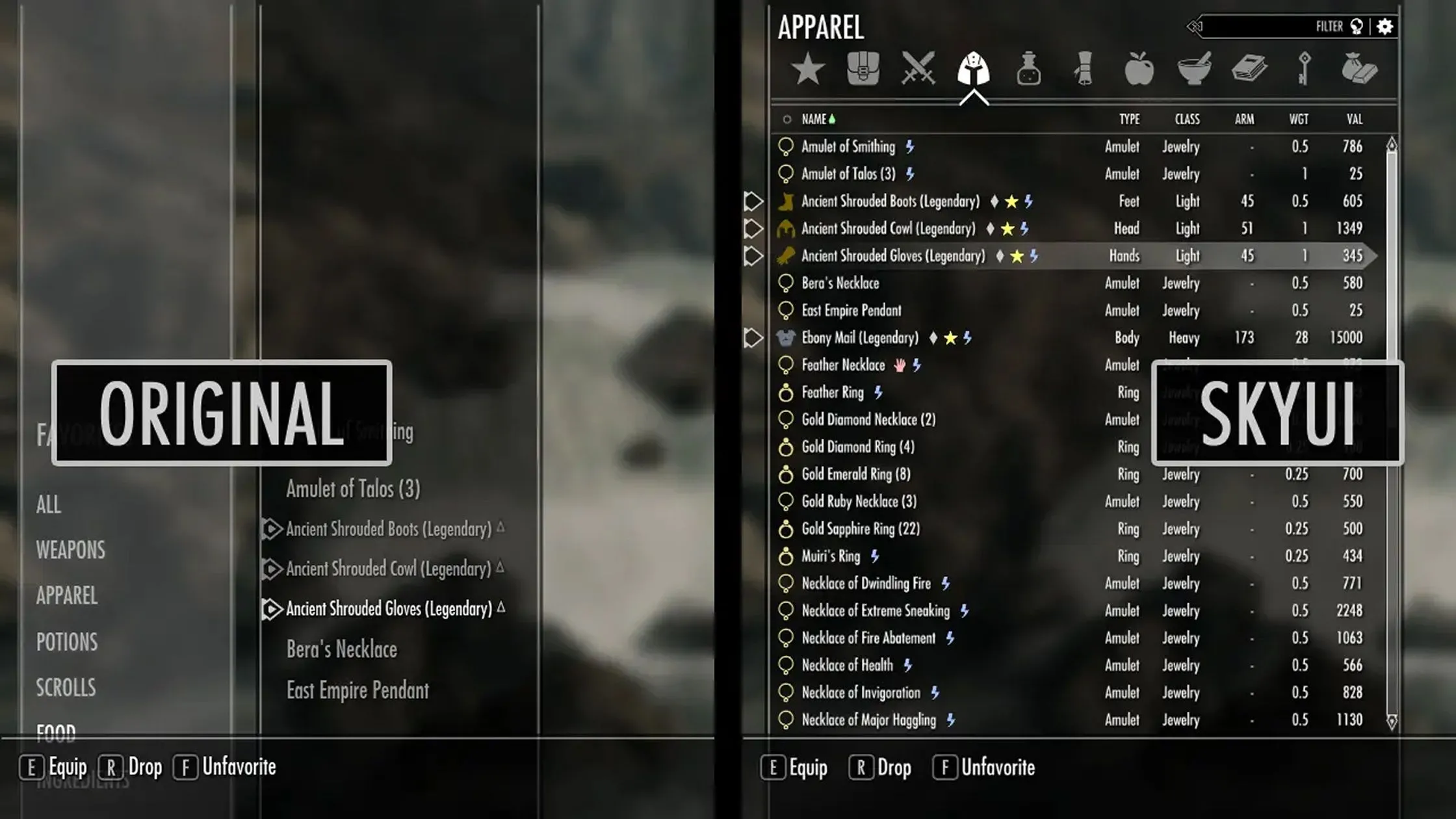 Giao diện người dùng được cải tiến của mod SkyUI trong Skyrim, với biểu tượng màu sắc và cột sắp xếp nâng cao, giúp quản lý vật phẩm dễ dàng hơn.
