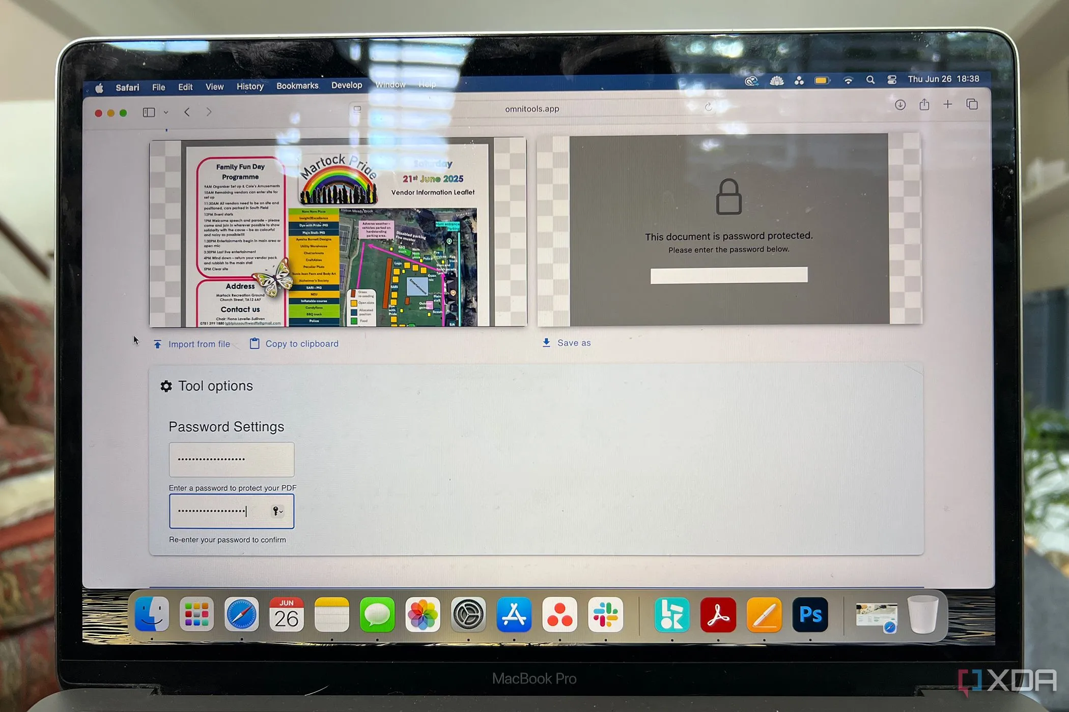 Giao diện người dùng Omni Tools để đặt mật khẩu bảo vệ cho tài liệu PDF, hiển thị ô nhập mật khẩu và xác nhận.