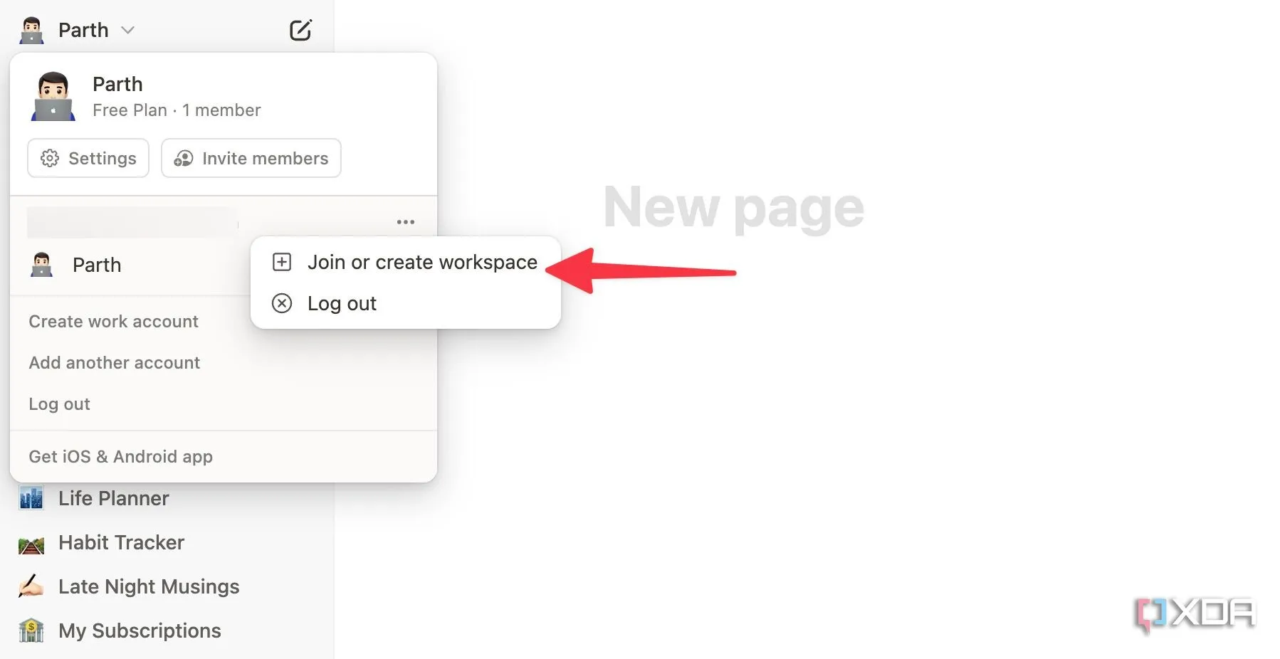 Giao diện Notion, chọn &quot;Join or create workspace&quot; để tạo không gian làm việc mới