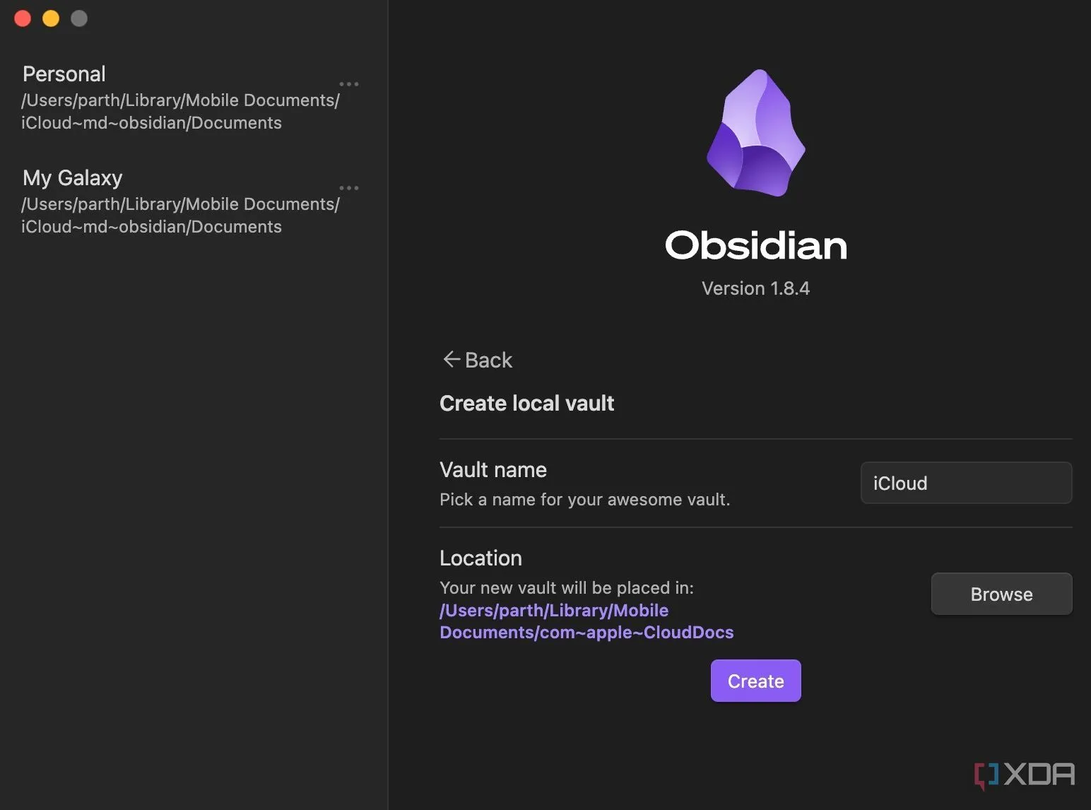 Giao diện Obsidian hiển thị thư mục iCloud được chọn để đồng bộ hóa vault