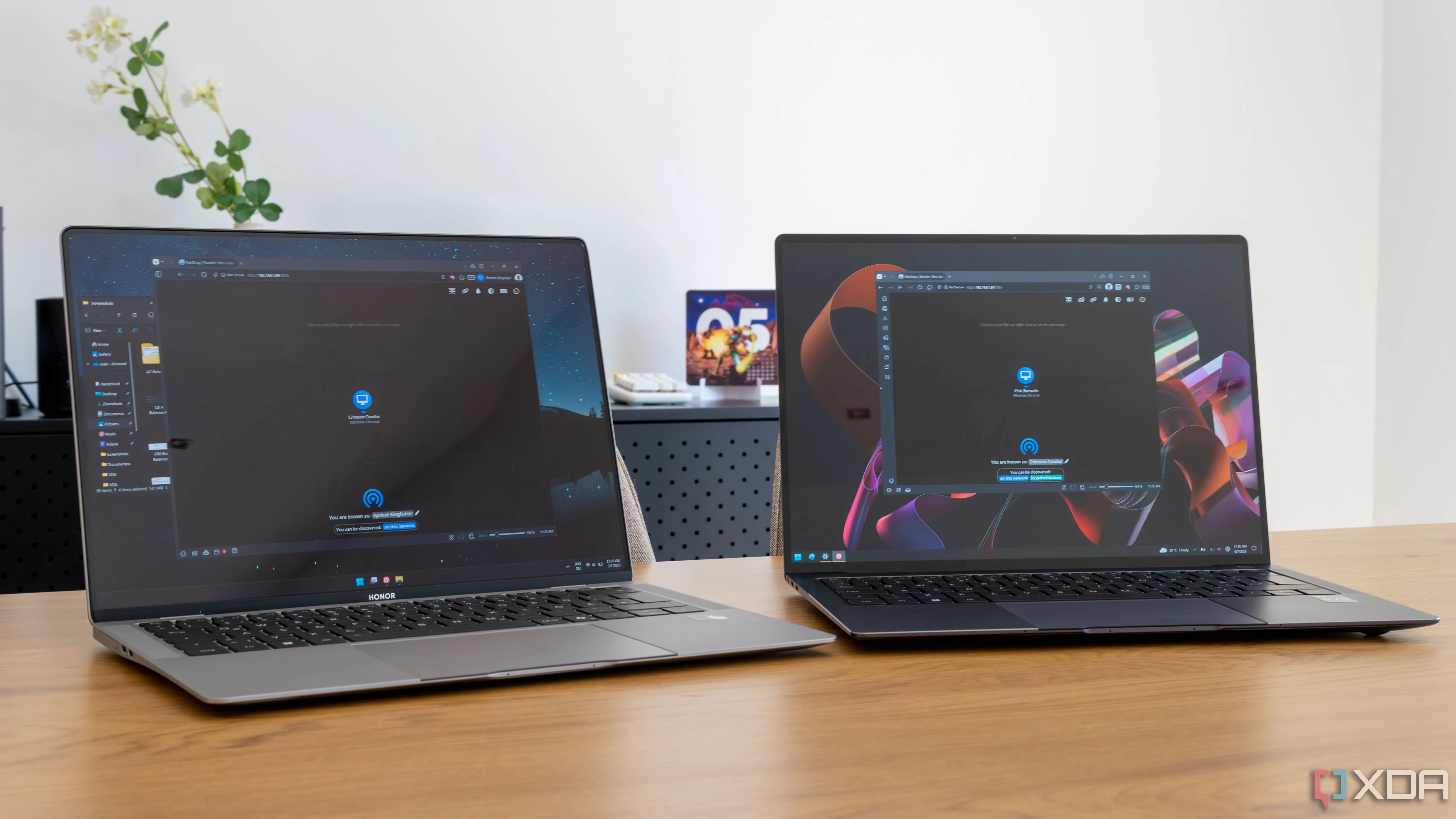 Giao diện Pairdrop đang chạy trên hai laptop, thể hiện khả năng chia sẻ file tiện lợi trong mạng nội bộ