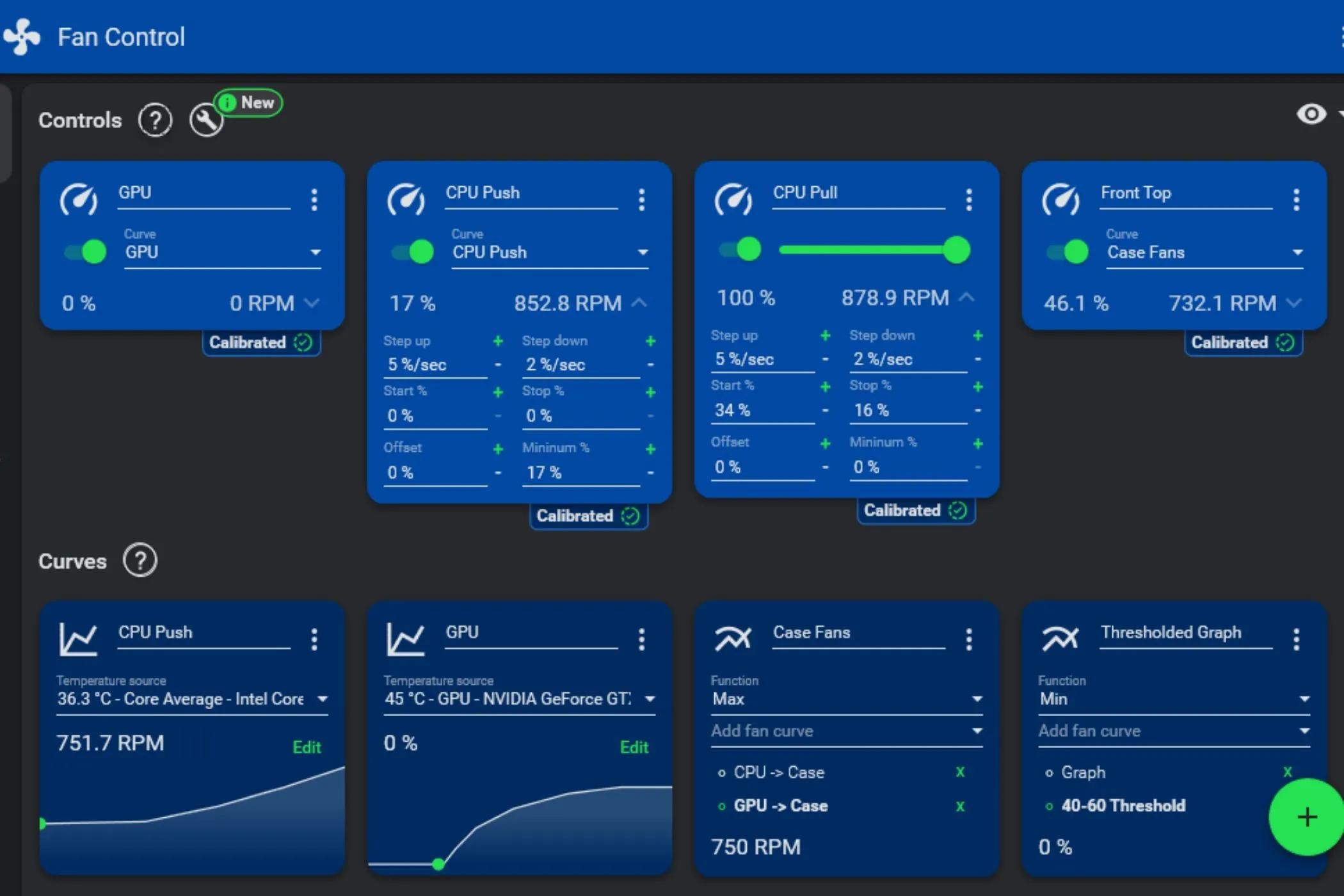 Giao diện phần mềm FanControl trên Windows, hiển thị biểu đồ điều chỉnh tốc độ quạt CPU và GPU