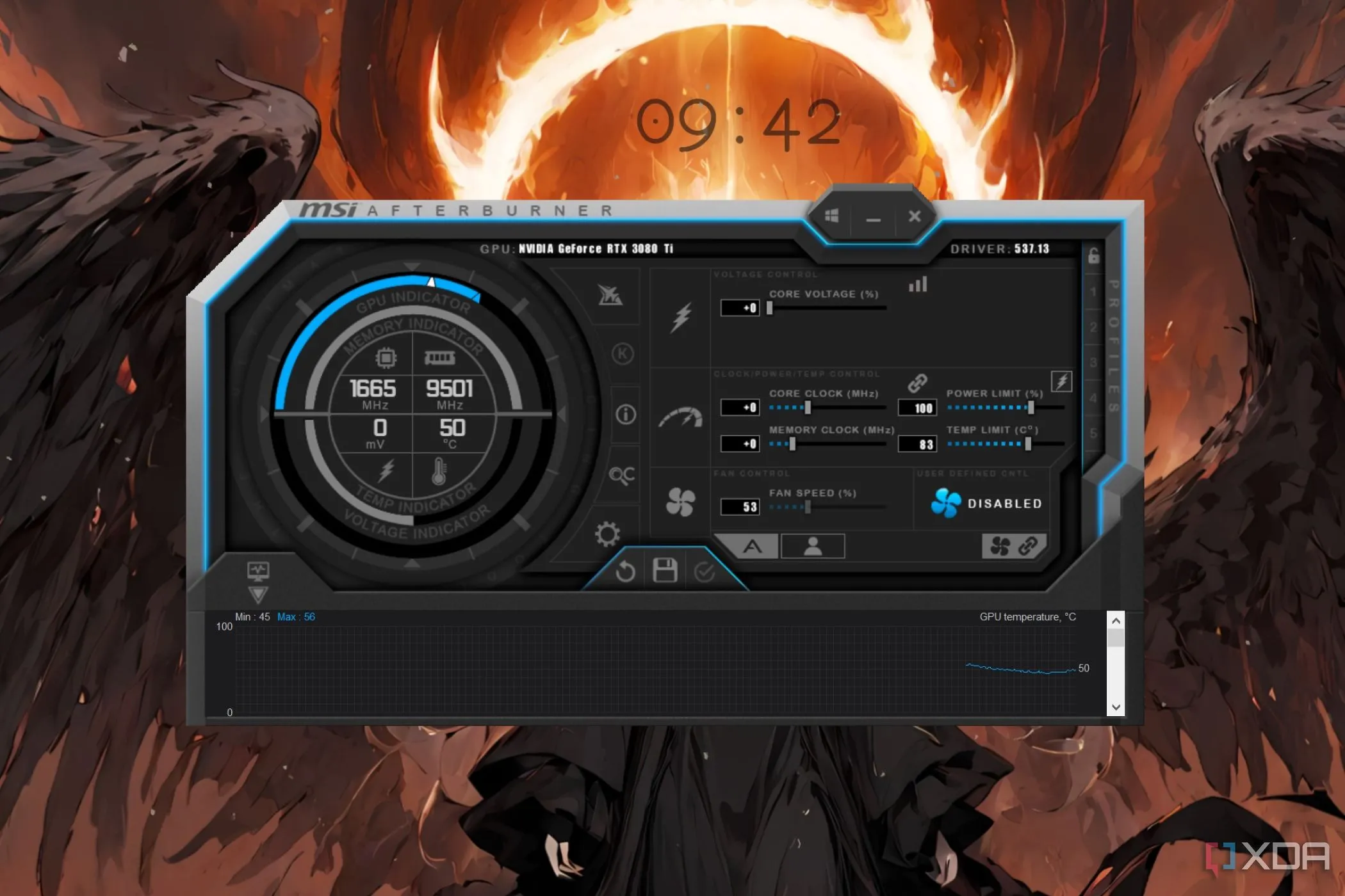 Giao diện phần mềm MSI Afterburner, công cụ điều chỉnh và giám sát hiệu suất card đồ họa, bao gồm tùy chọn Power Limit
