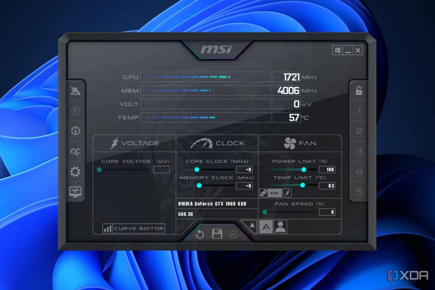 Giao diện phần mềm MSI Afterburner dùng để ép xung card đồ họa