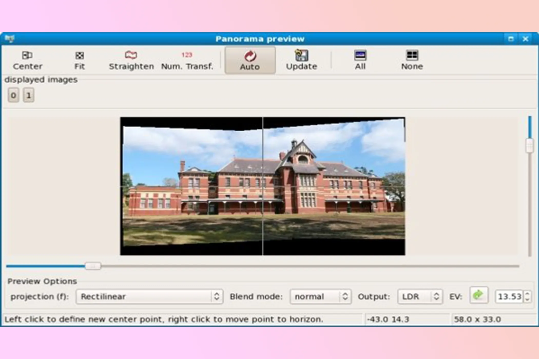 Giao diện plugin Hugin trong GIMP hiển thị một bức ảnh đã được ghép thành công, tạo hình ảnh panorama