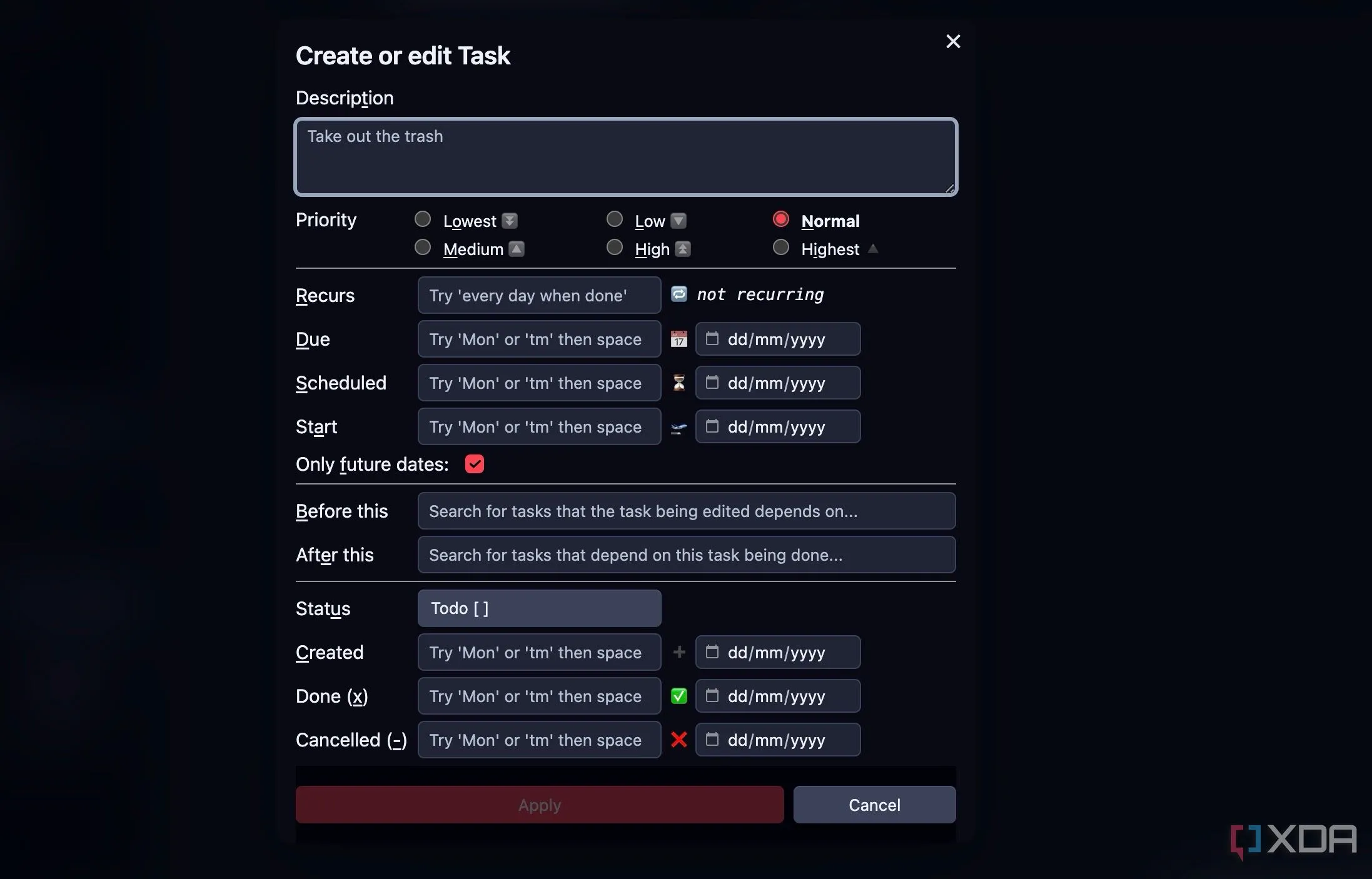 Giao diện plugin Tasks trong Obsidian, hiển thị danh sách công việc với các trạng thái và ưu tiên
