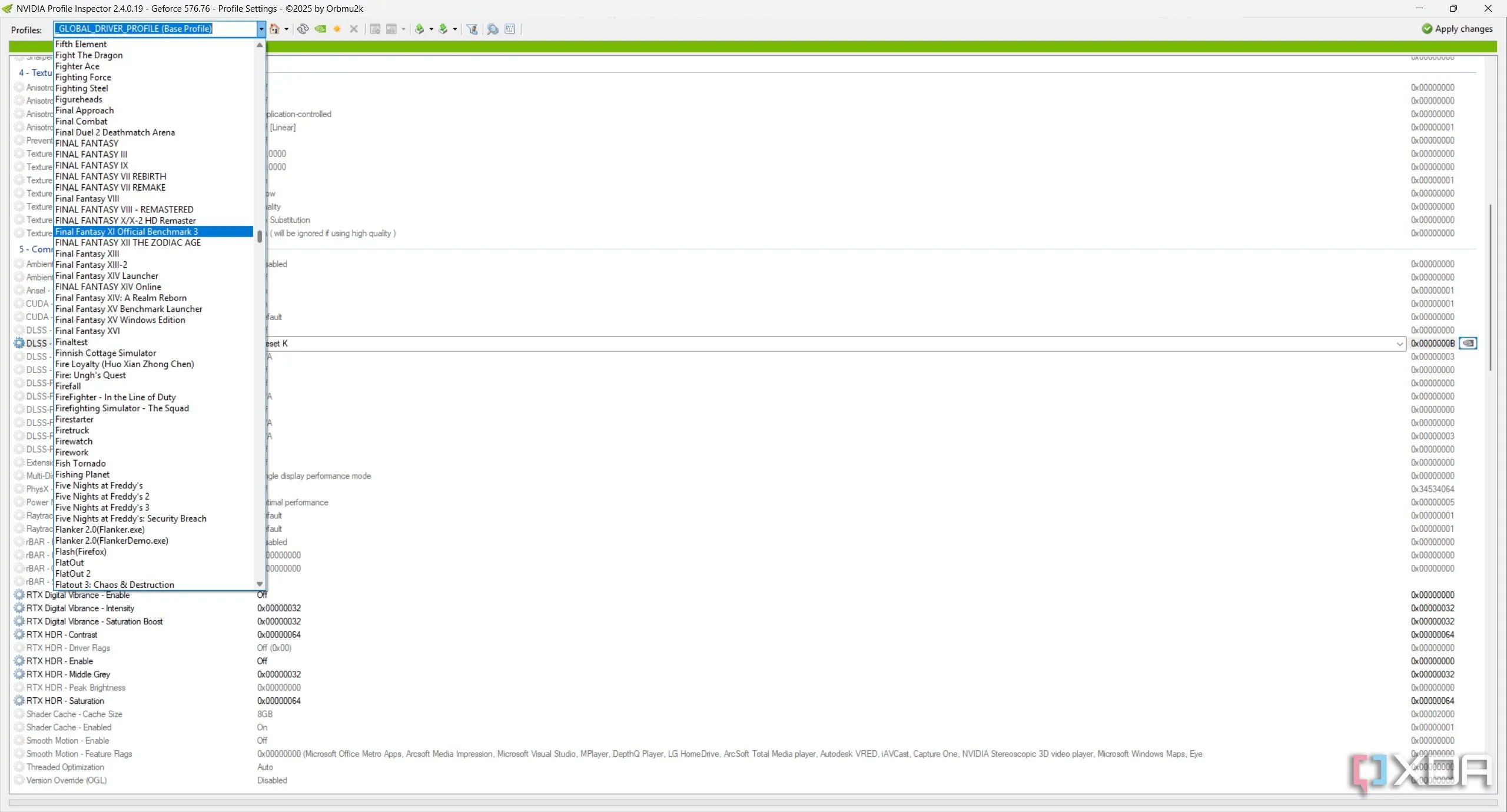 Giao diện Profiles trong Nvidia Profile Inspector