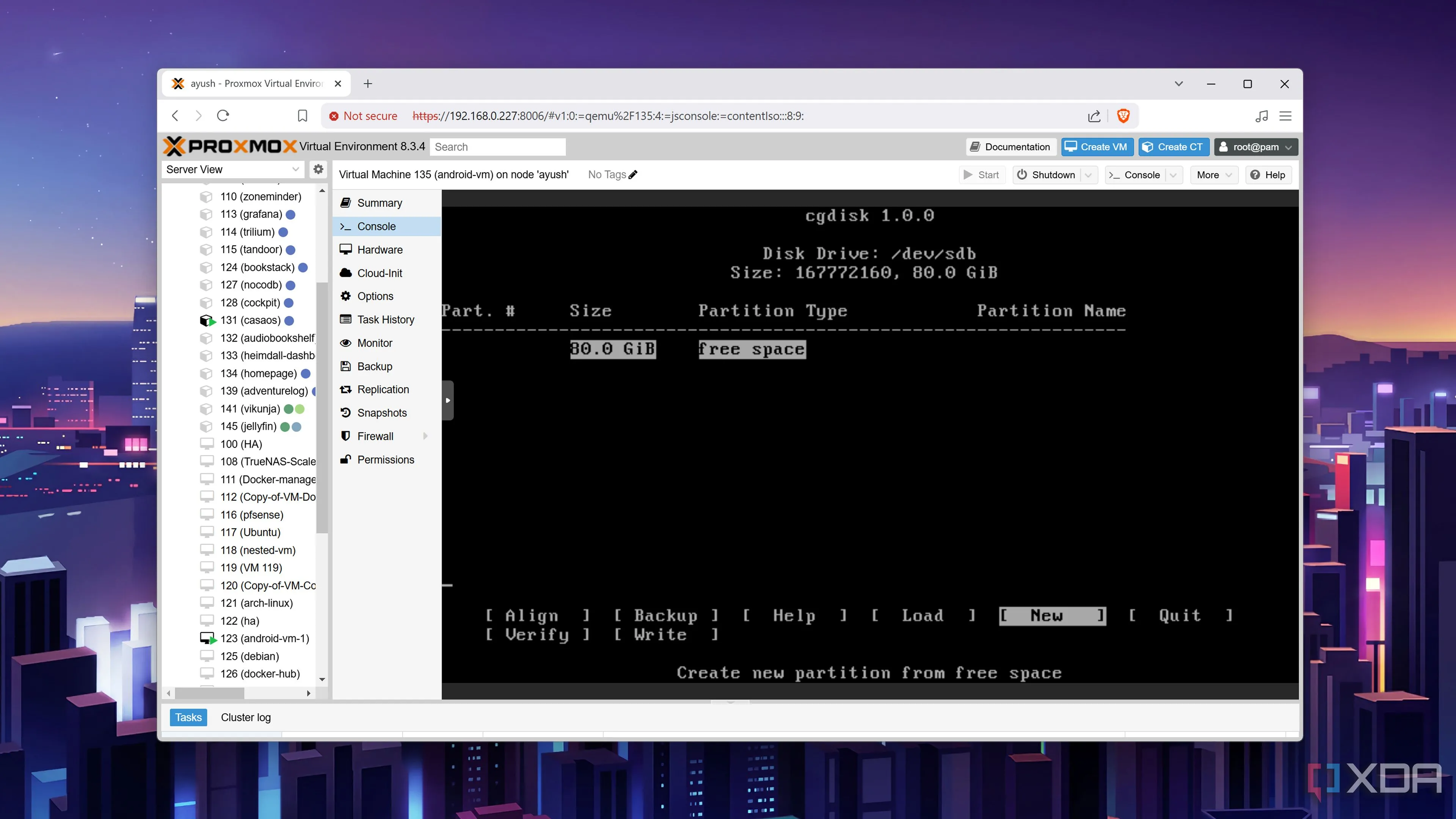 Giao diện QEMU console tạo phân vùng ổ đĩa cho máy ảo Android-x86 trên Proxmox