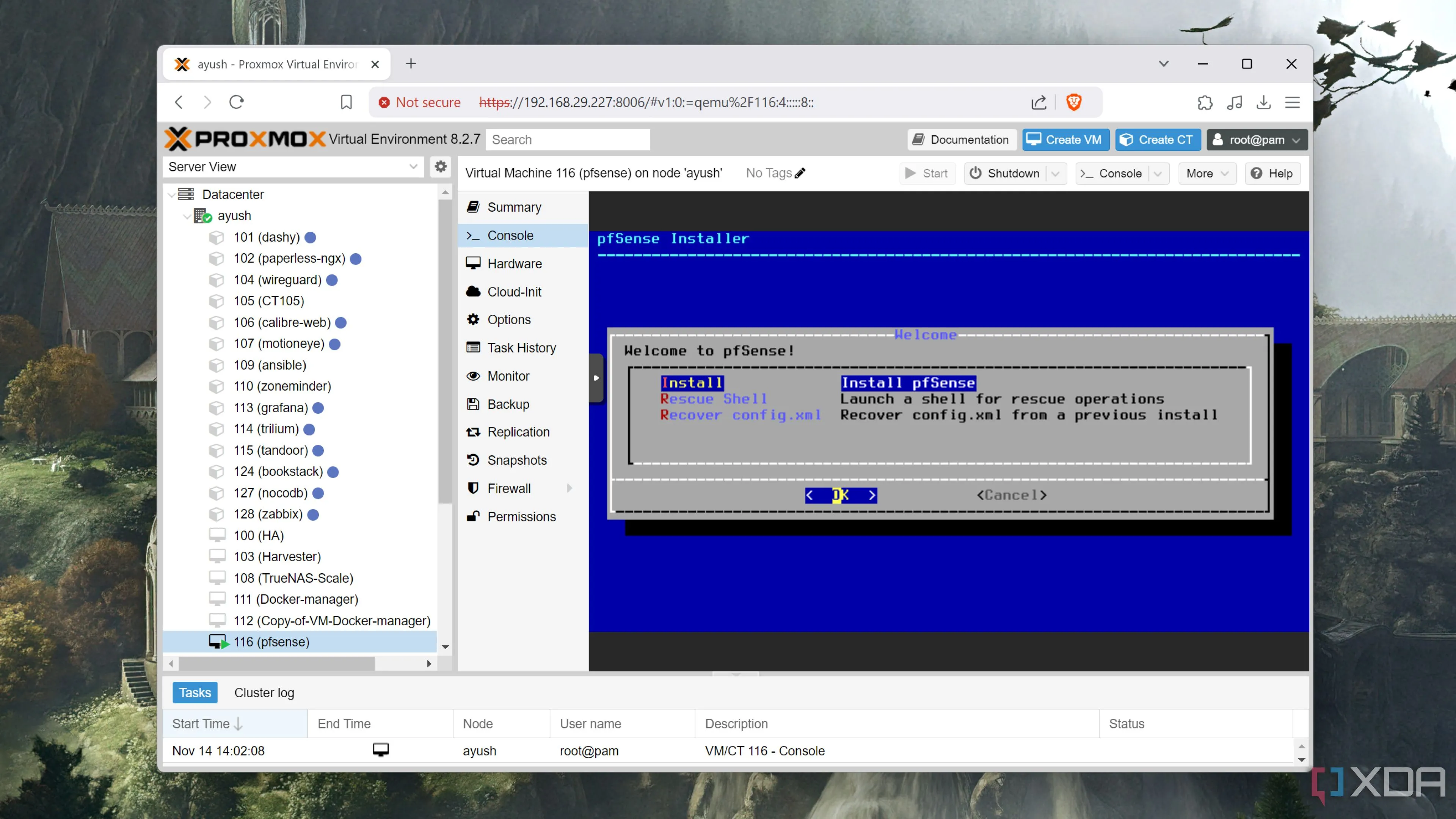 Giao diện quản lý pfSense đang chạy trong môi trường ảo hóa Proxmox, thể hiện khả năng tùy biến nâng cao của router