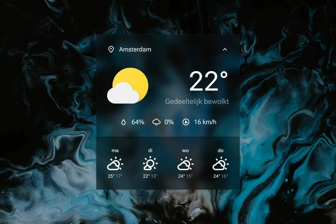 Giao diện skin thời tiết Sienna 2.0 cho Rainmeter với nền thẻ mờ kiểu &quot;kính mờ&quot; sang trọng.