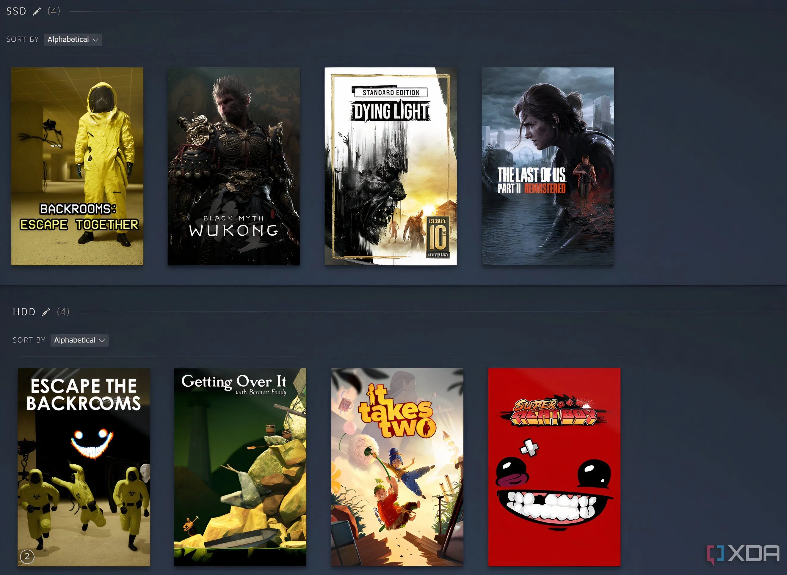 Giao diện Steam hiển thị các bộ sưu tập game được phân loại theo ổ đĩa SSD và HDD, minh họa cách quản lý lưu trữ game.