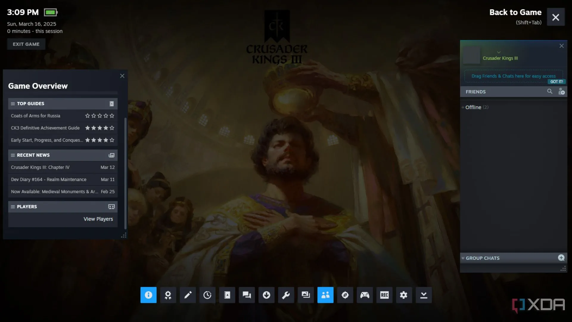Giao diện Steam Overlay hiển thị trên màn hình tải game Crusader Kings 3, thể hiện các tính năng hỗ trợ game thủ