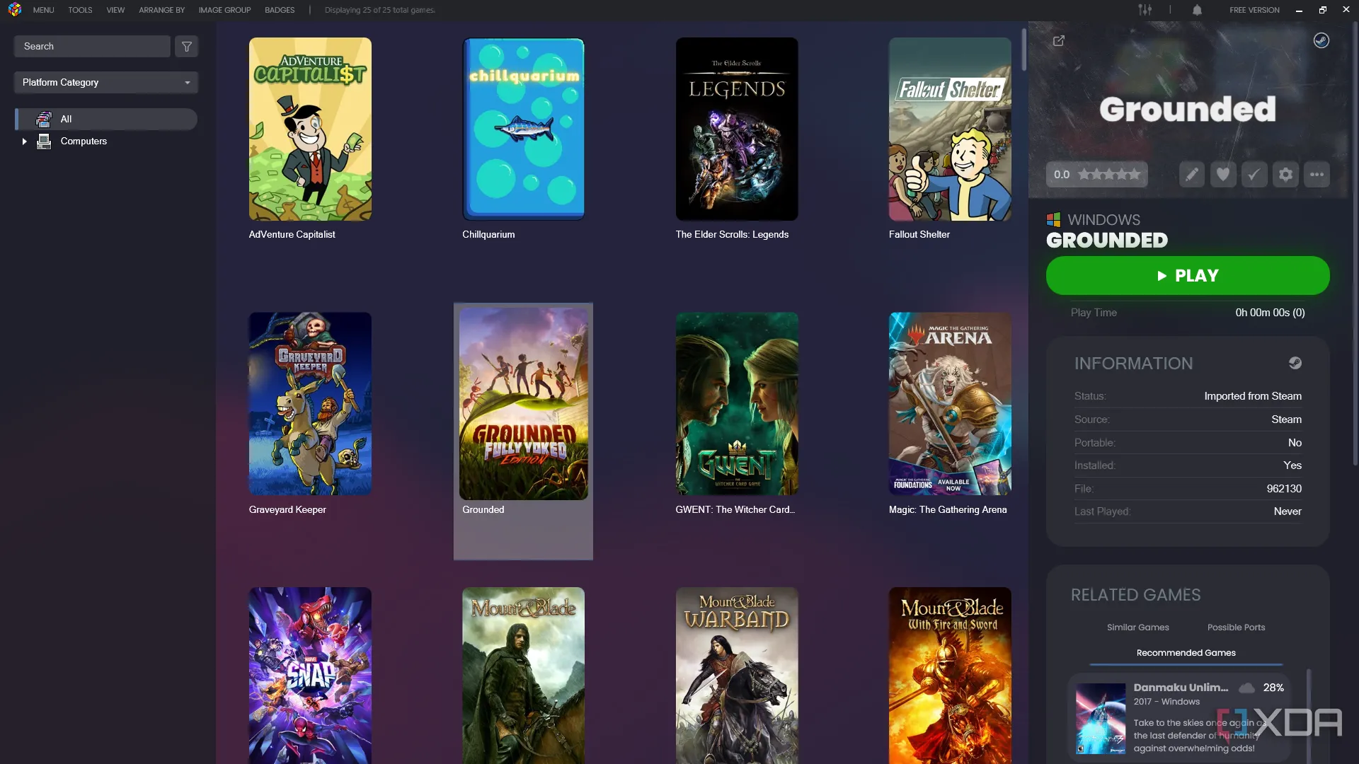 Giao diện thư viện game LaunchBox trên PC, hiển thị các tựa game