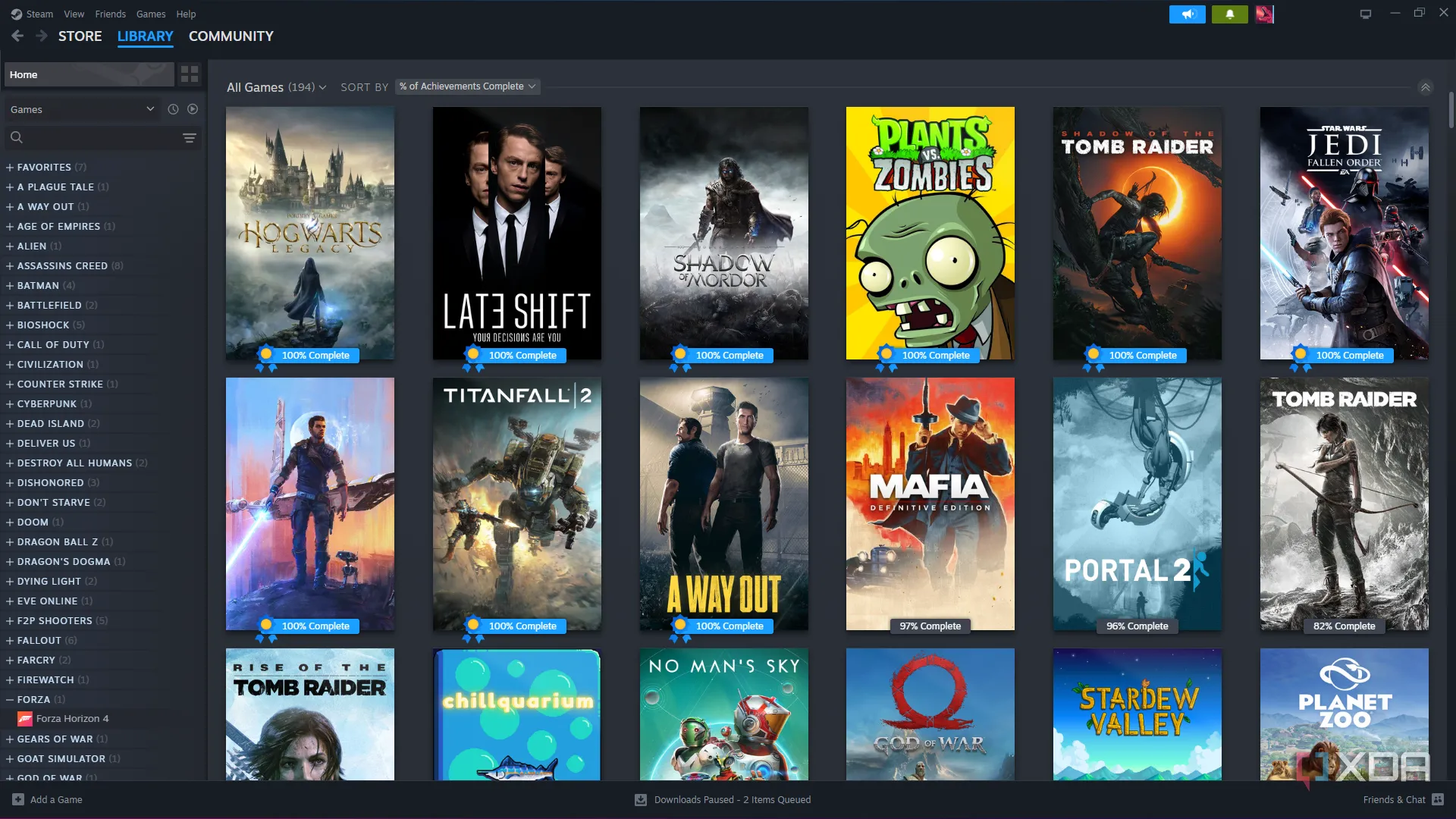 Giao diện thư viện game trên Steam với các tùy chỉnh artwork, tương tự trải nghiệm LaunchBox.