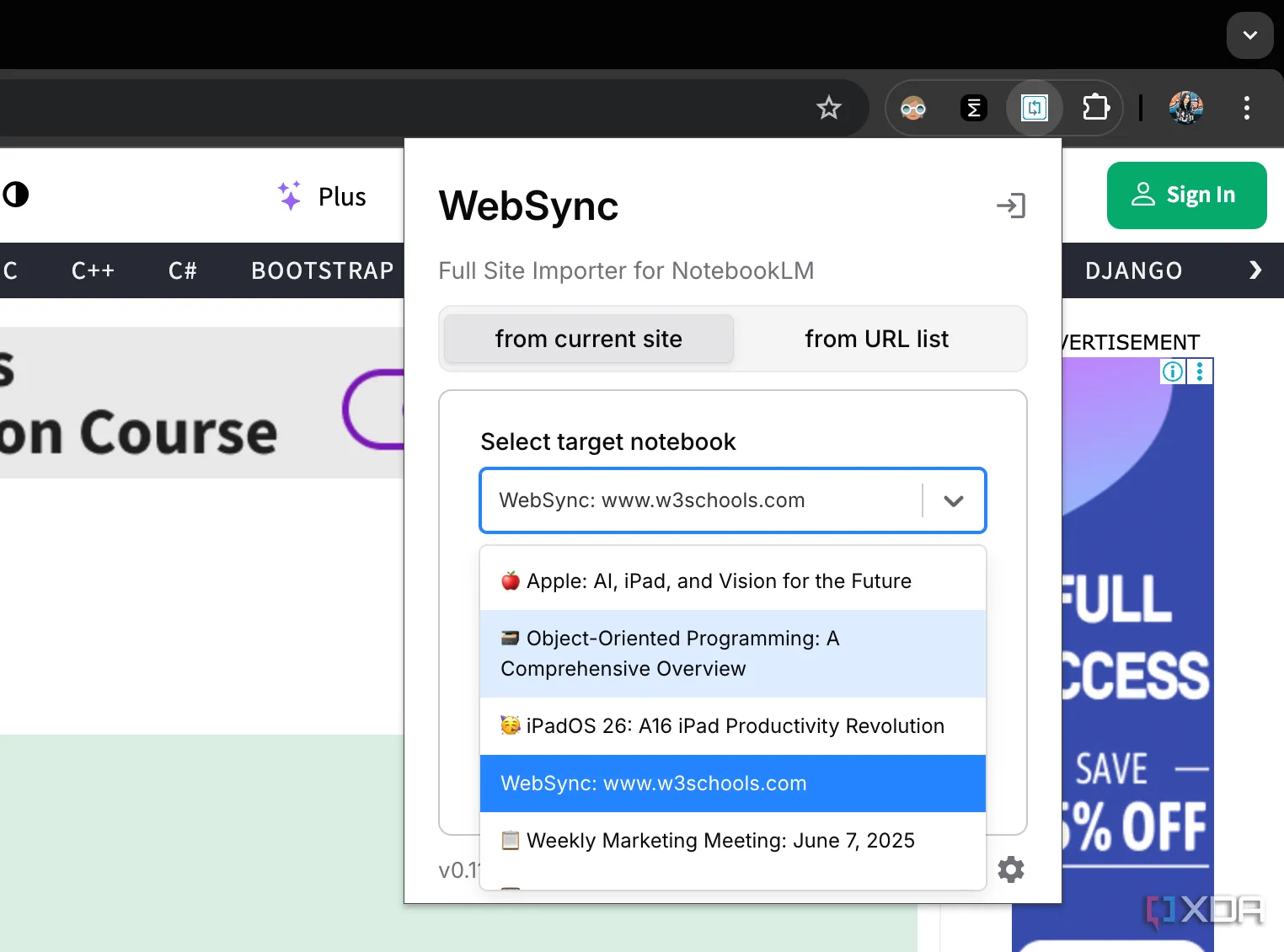 Giao diện tiện ích mở rộng WebSync hiển thị danh sách các notebook trong NotebookLM, giúp quản lý nguồn hiệu quả
