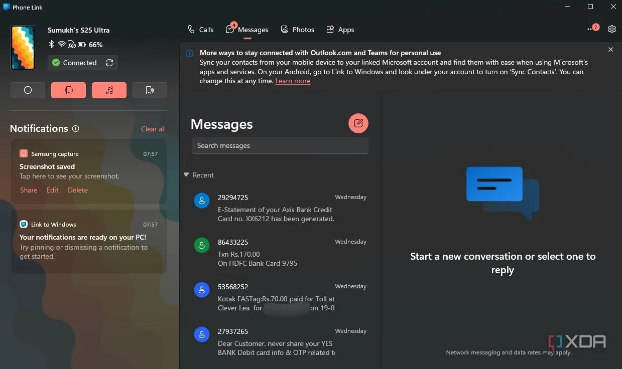 Giao diện tin nhắn SMS hiển thị trên ứng dụng Phone Link của Windows, cho phép người dùng xem và trả lời tin nhắn Android trực tiếp từ máy tính.