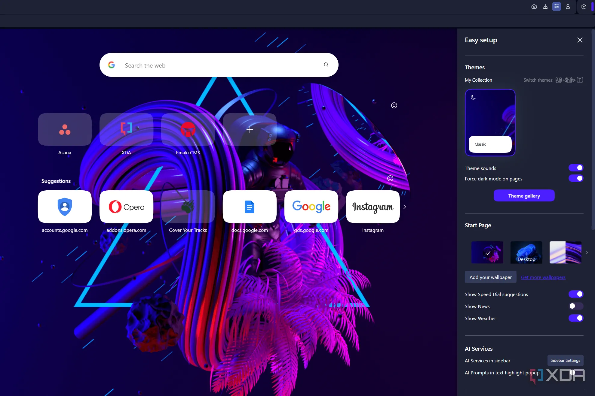Giao diện tính năng cài đặt dễ dàng (Easy Setup) của Opera