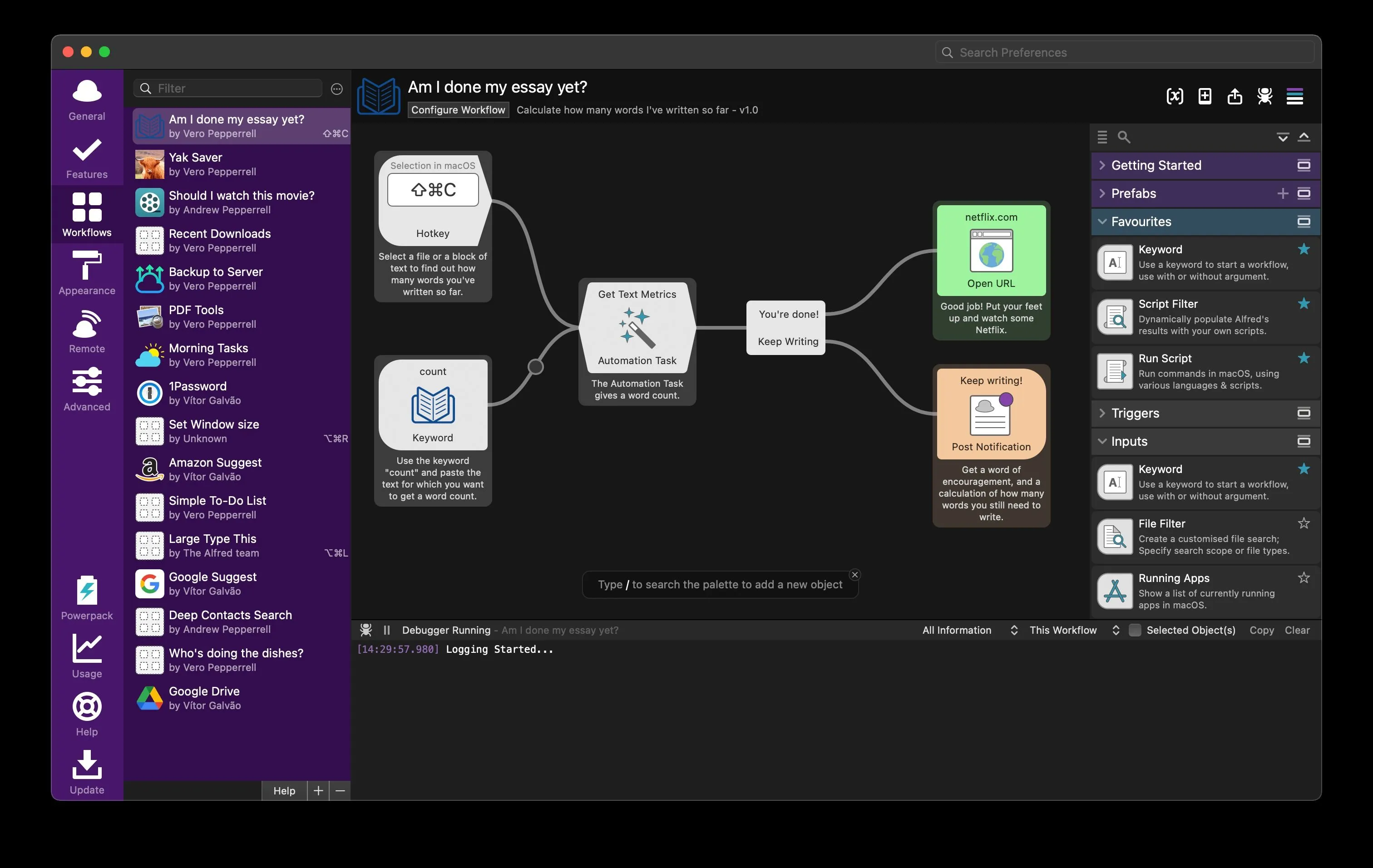 Giao diện tính năng Workflows trong ứng dụng Alfred, minh họa các khả năng tự động hóa