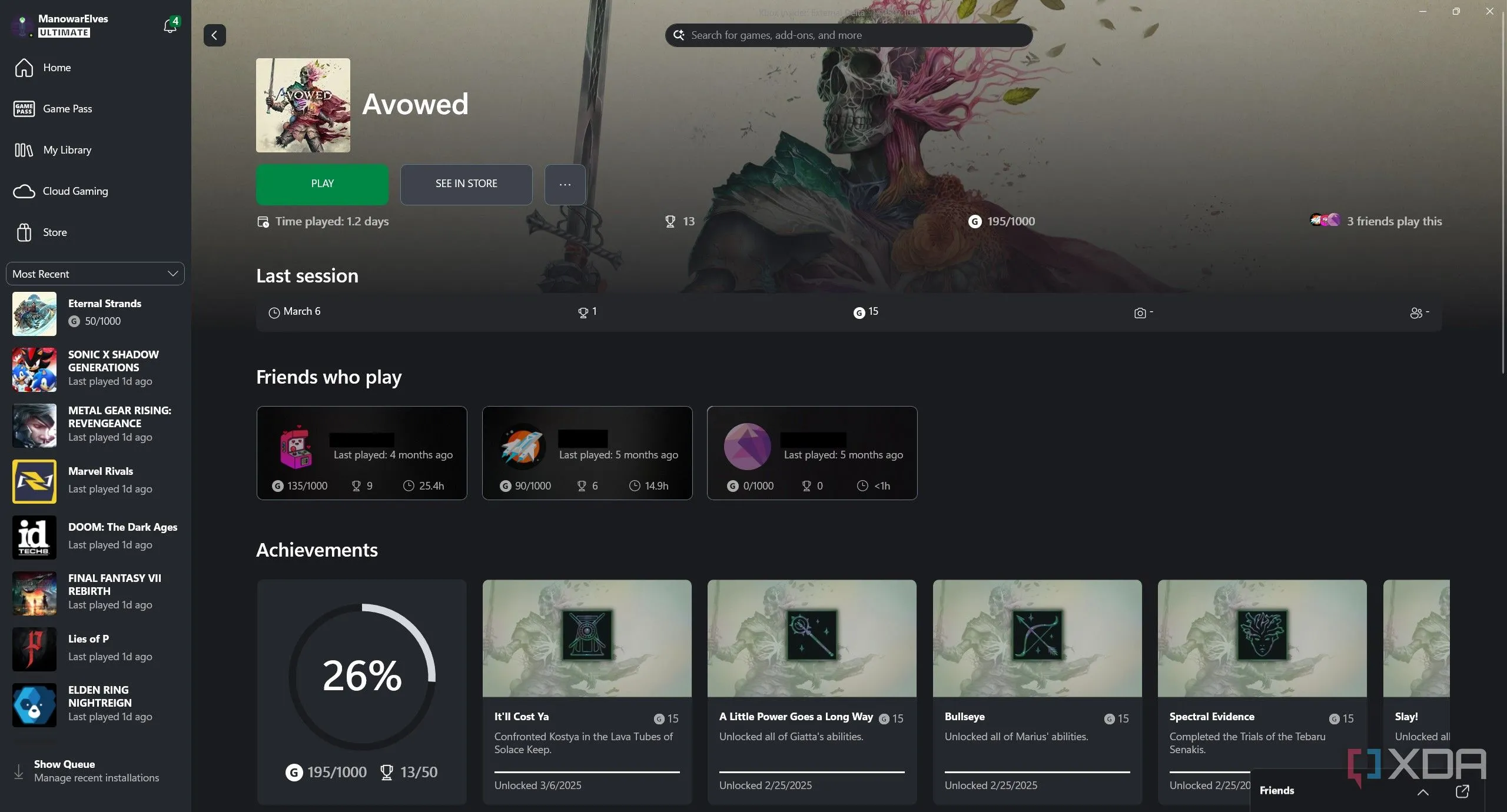 Giao diện tổng quan của Thư viện game trên Xbox PC app, minh họa sự thiếu sót trong quản lý thư viện game