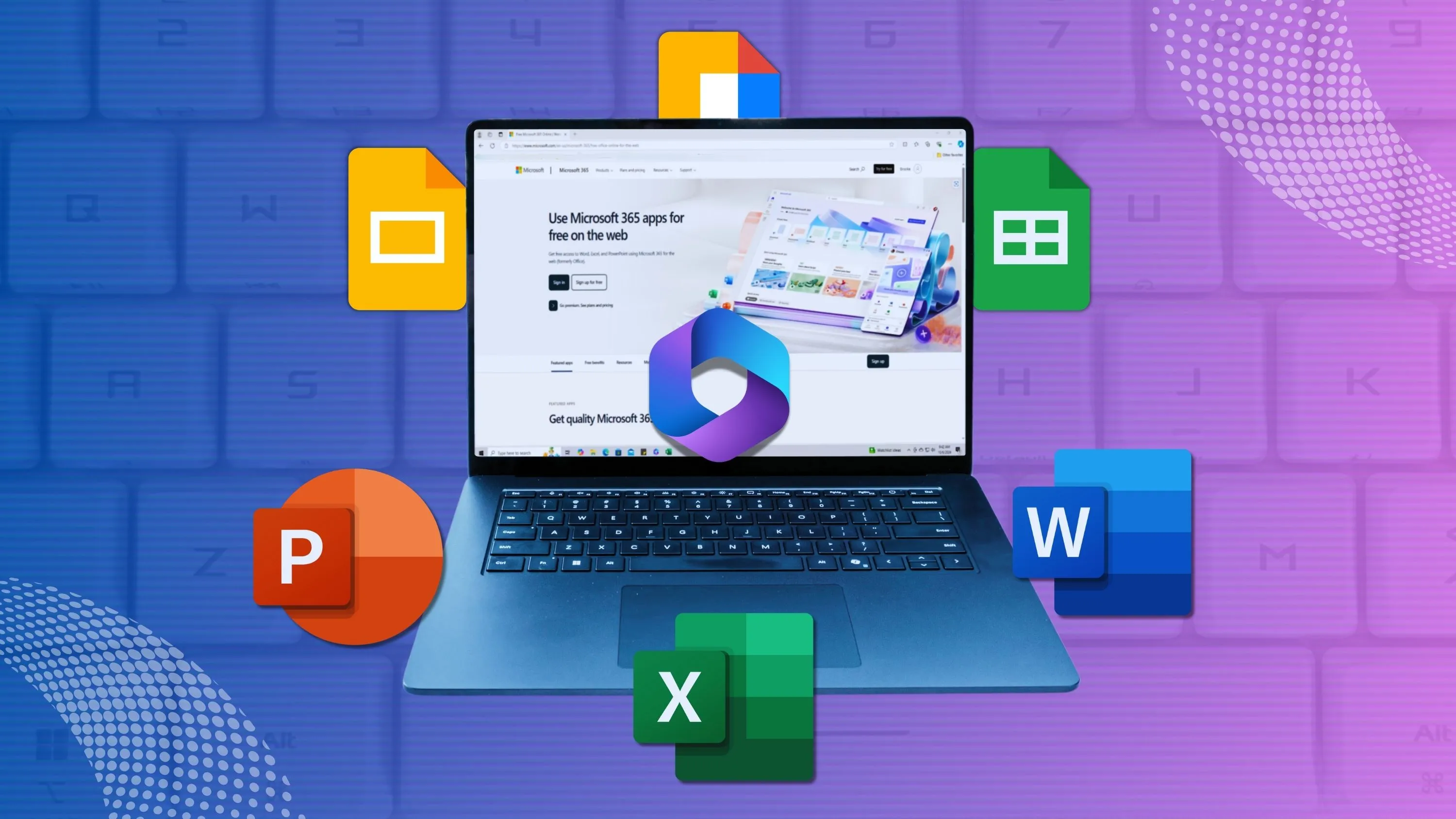 Giao diện trang chủ Microsoft 365 và các ứng dụng Google Docs trên laptop