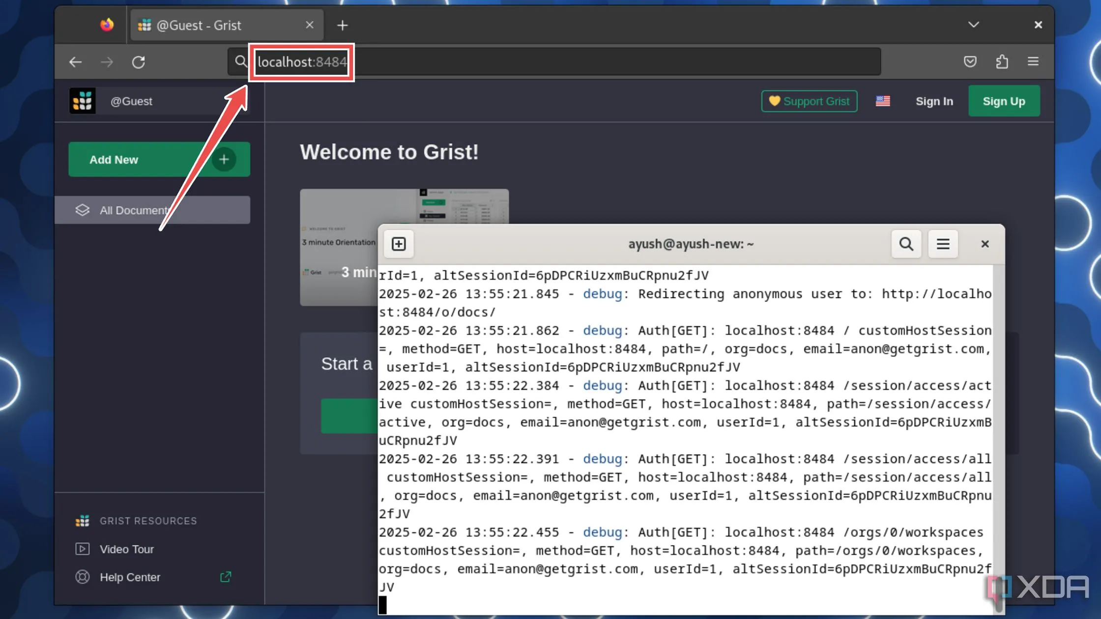 Giao diện trình duyệt truy cập Grist UI thông qua `localhost:8484`