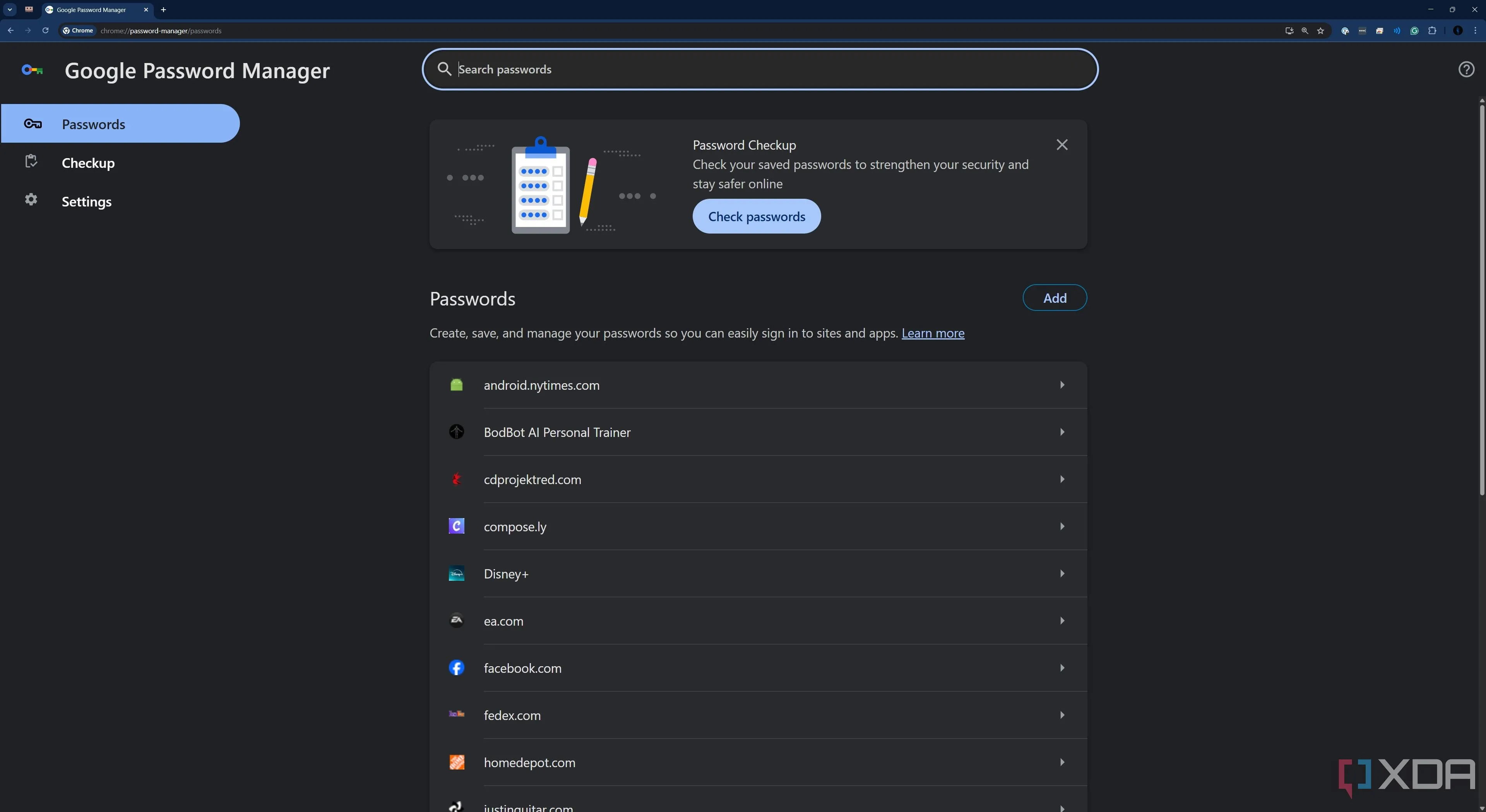 Giao diện trình quản lý mật khẩu của Google Chrome