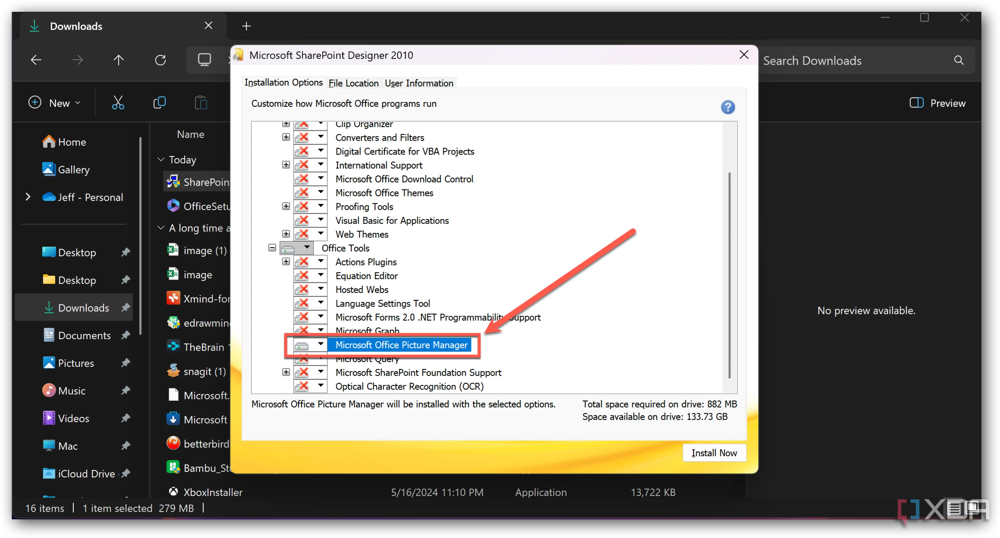 Giao diện tùy chỉnh cài đặt Office Tools, nơi người dùng có thể chọn &quot;Microsoft Office Picture Manager&quot; để &quot;Run from My Computer&quot; và bỏ chọn các module khác.