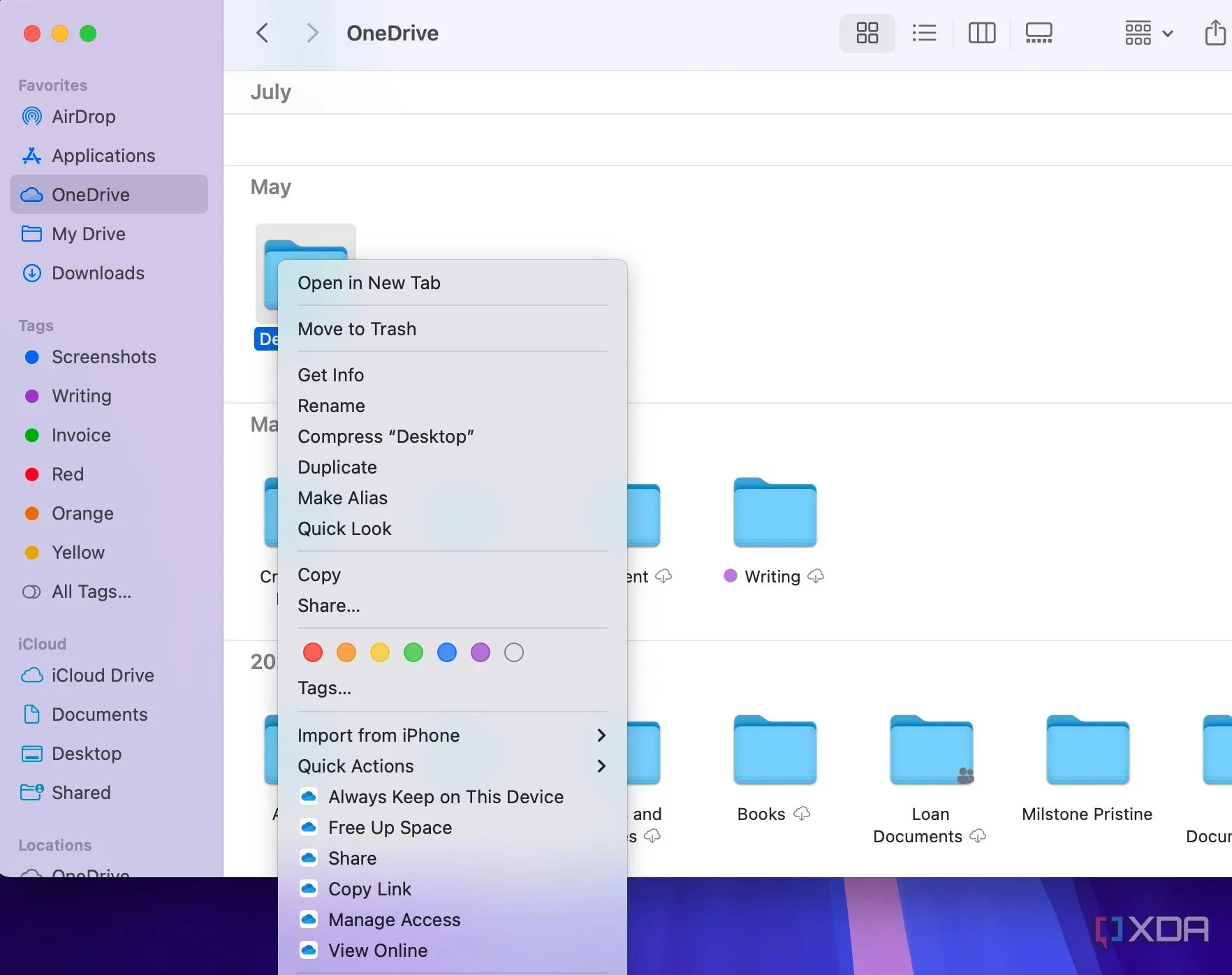 Giao diện tùy chọn Microsoft OneDrive trên macOS Finder, hiển thị tích hợp sâu vào hệ điều hành cho việc lưu trữ đám mây