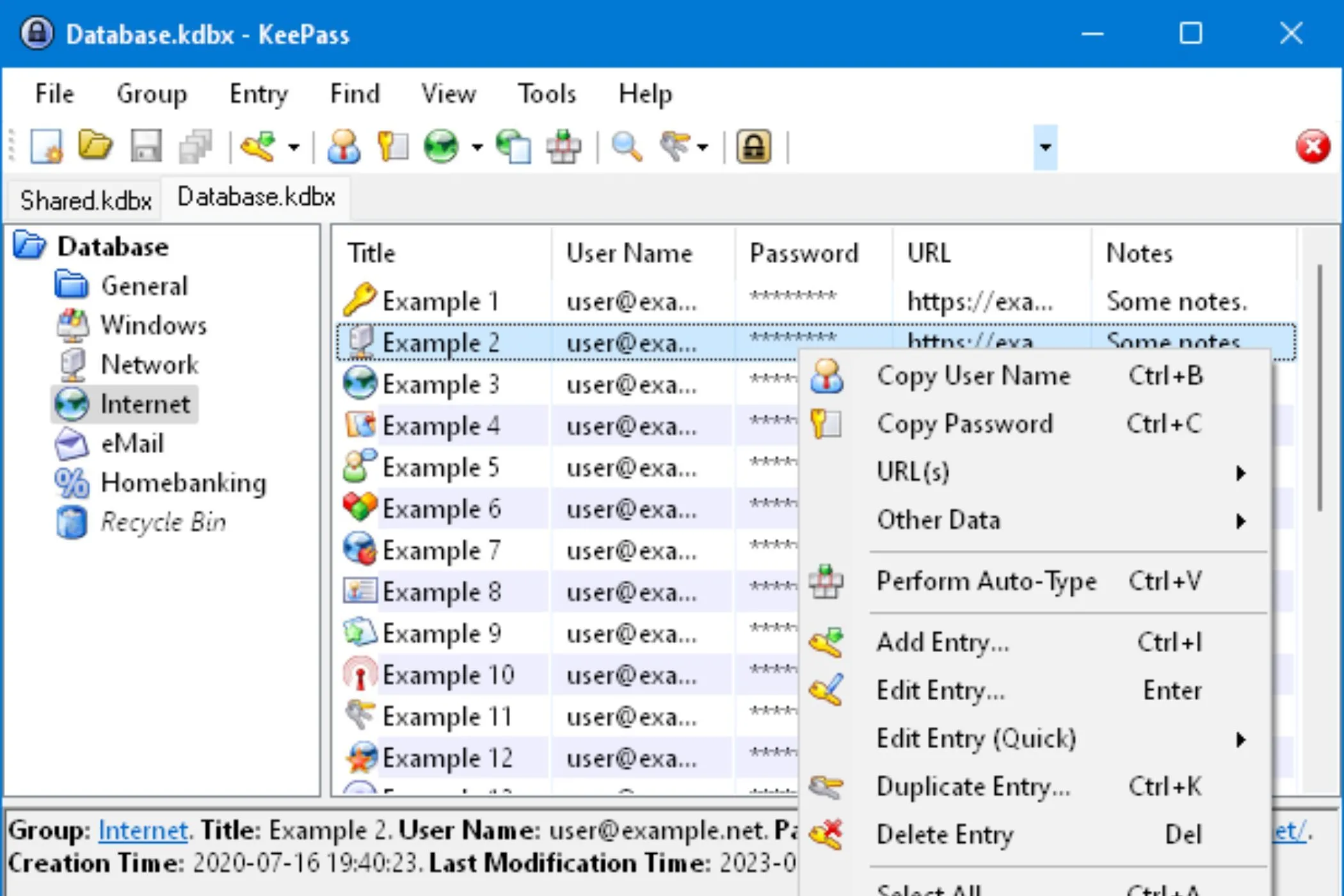 Giao diện ứng dụng KeePass trên máy tính, thể hiện một trong những phần mềm quản lý mật khẩu mã nguồn mở hàng đầu