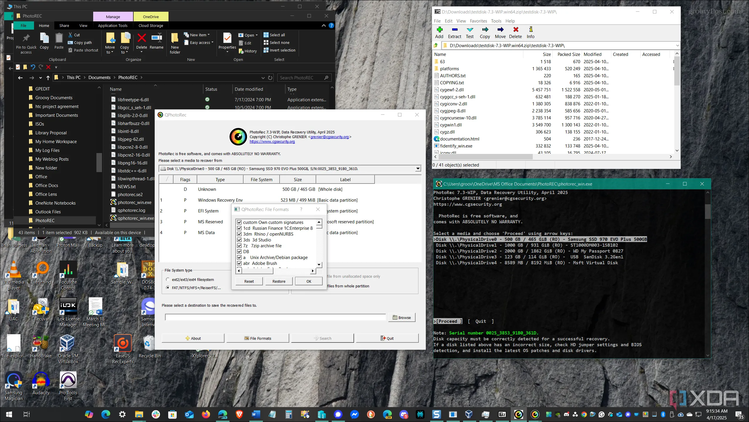 Giao diện ứng dụng PhotoRec đang hoạt động trên Windows để khôi phục dữ liệu