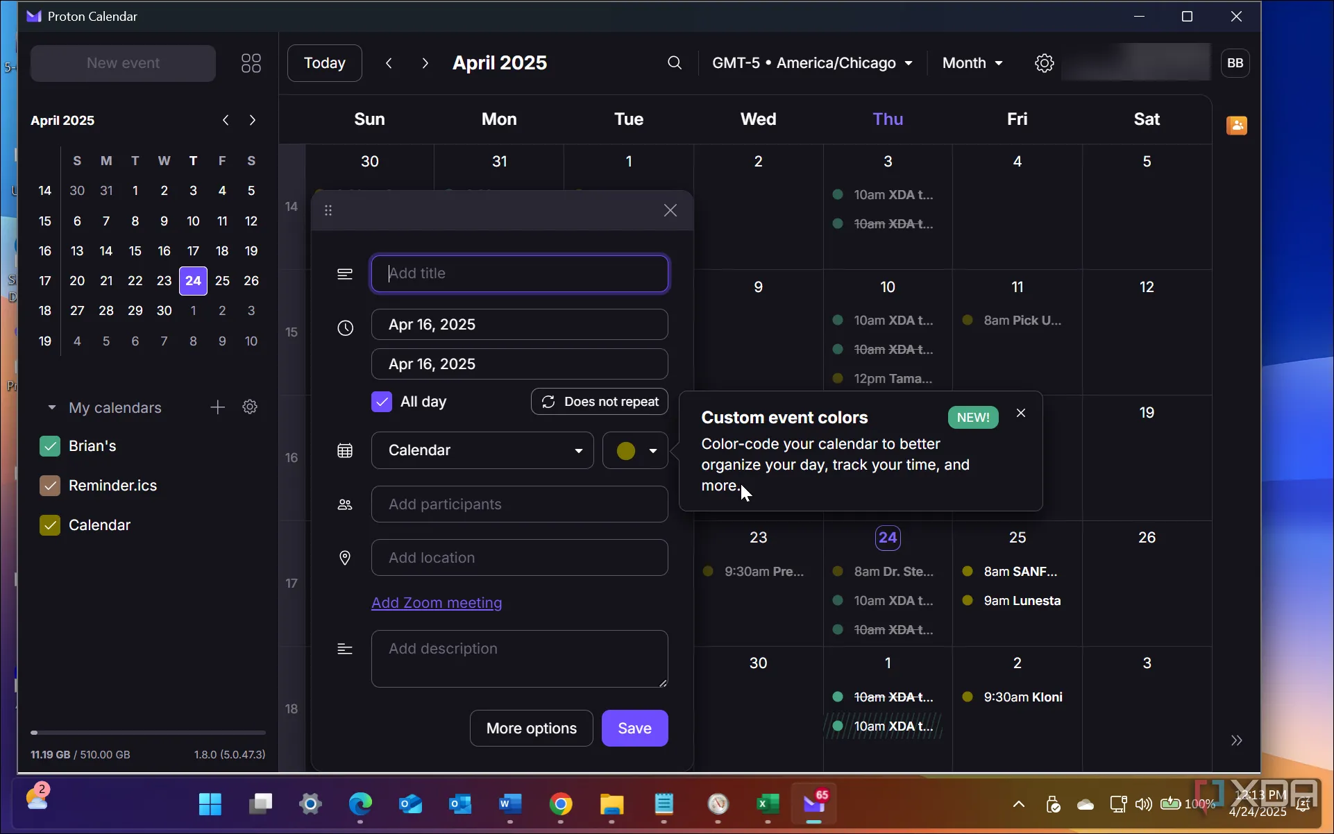 Giao diện ứng dụng Proton Calendar trên Windows hiển thị các sự kiện được mã hóa