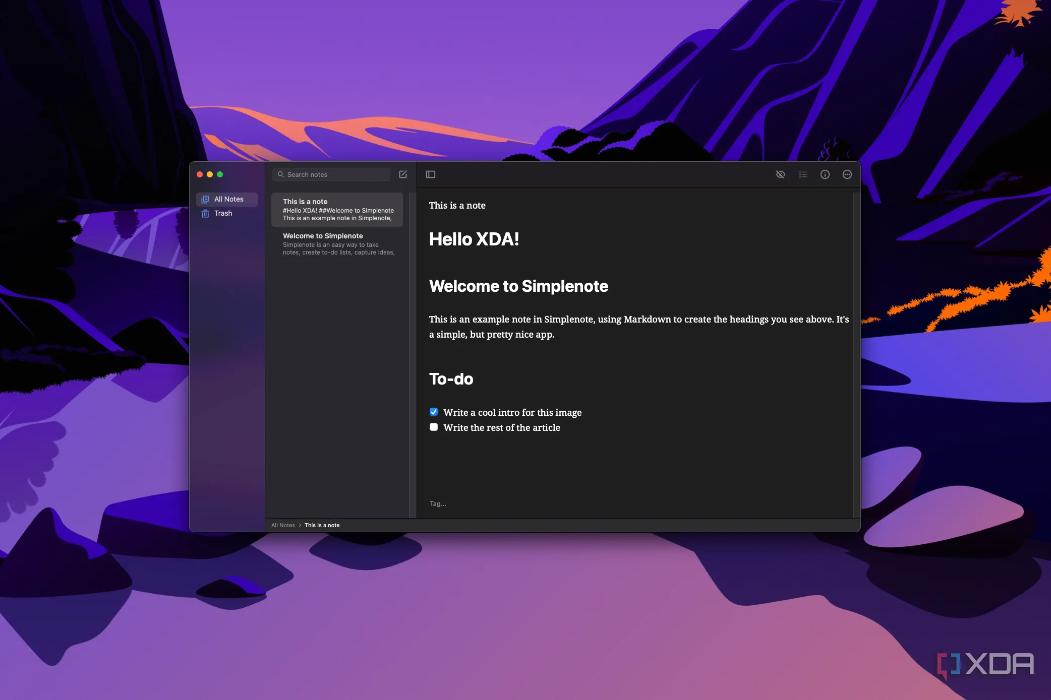 Giao diện ứng dụng Simplenote trên macOS với thiết kế tối giản, tập trung vào tốc độ ghi chú.