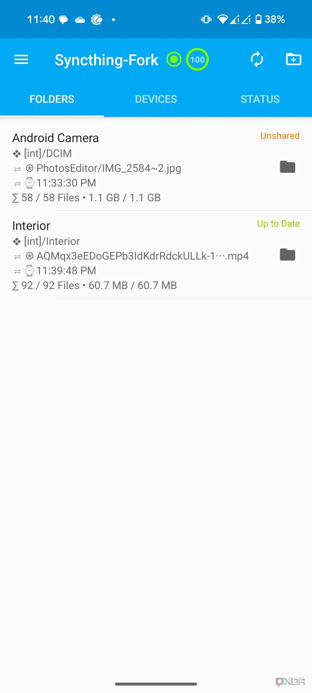 Giao diện ứng dụng Syncthing trên điện thoại Android, hiển thị các thư mục và thiết bị