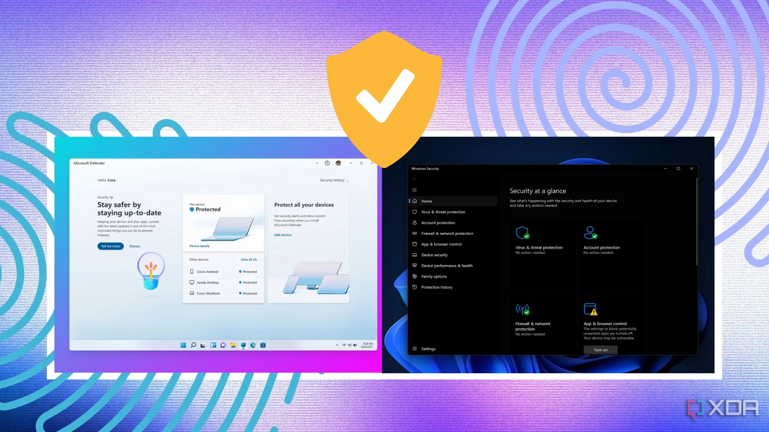 Giao diện ứng dụng Windows Security và Microsoft Defender trên Windows, minh họa các tính năng bảo vệ máy tính và chống virus tích hợp.