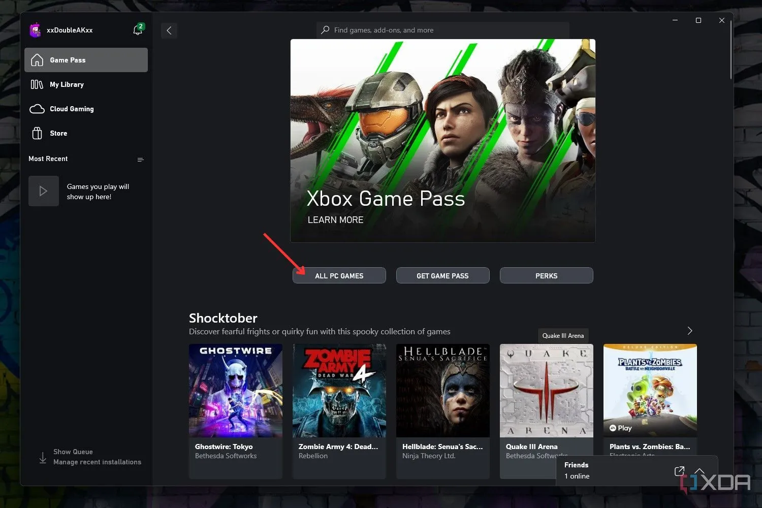 Giao diện ứng dụng Xbox trên Windows hiển thị tùy chọn tất cả game PC, liên quan đến Xbox Game Pass